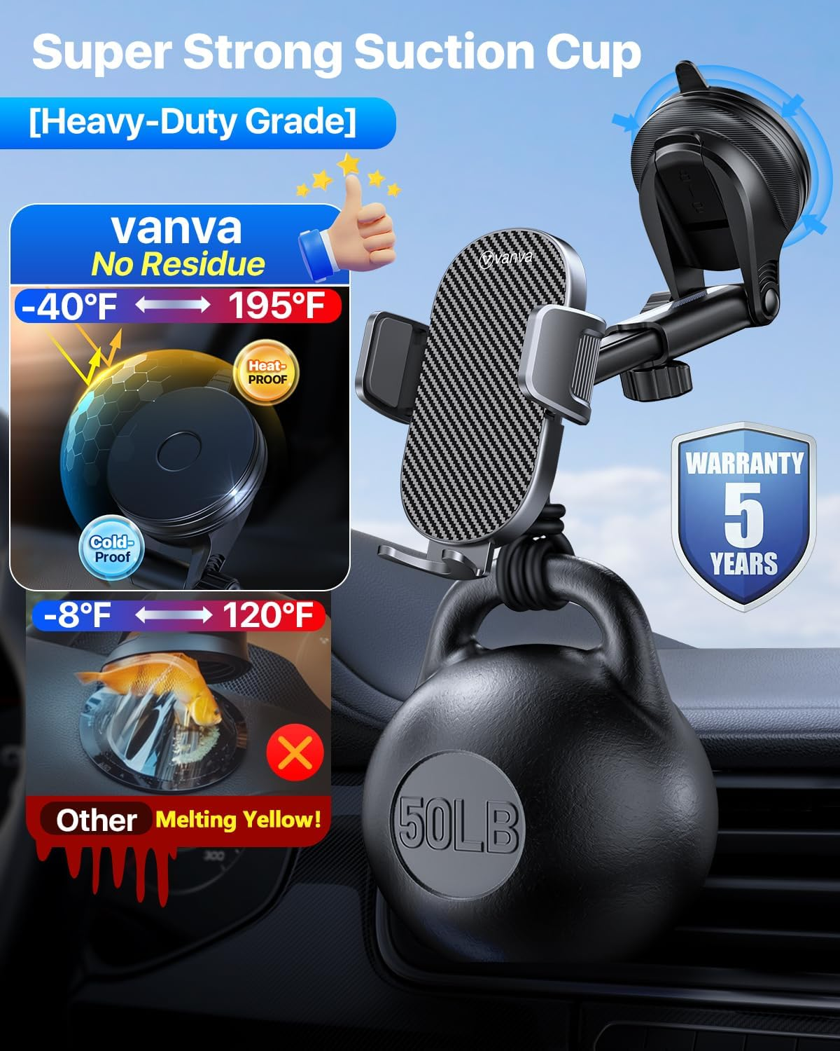 Vanva [ Military-Grade Protection ] Car Phone Mount, Phone Holder for Dashboard/Windshield/Air Vent, Easy Clamp Mount Compatible with Iphone 17 16 15 14 13 Pro Max (B1) - B1 image number 2