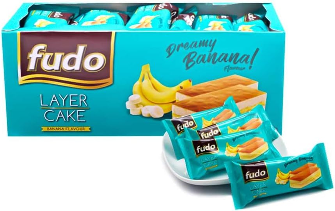 Fudo Layer Cake Banana Flavour Bite Size Malaysian Snack with Cream Ready to Eat Individually Wrap Sponge Cake Pack of 24