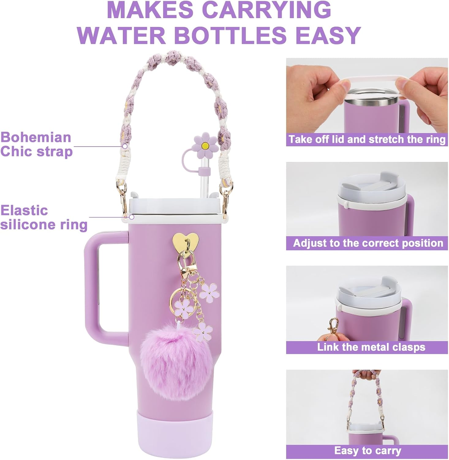 Stanley Cup Accessories Set Including Water Bottle Handle Strap, Siliocne Stanley Cup Boot, Siliocne Straw Cover, Stanley Charms for Stanley Cup 40Oz & 30Oz Tumbler - Purple image number 6