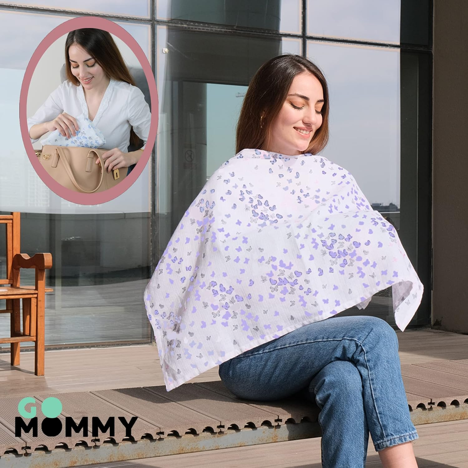 Go Mommy Muslin Nursing Cover for Baby Breastfeeding, Breathable 100% Cotton Breastfeeding Cover for Mother Nursing Apron, Multi-Use Carseat Canopy - Butterfly Pink image number 3