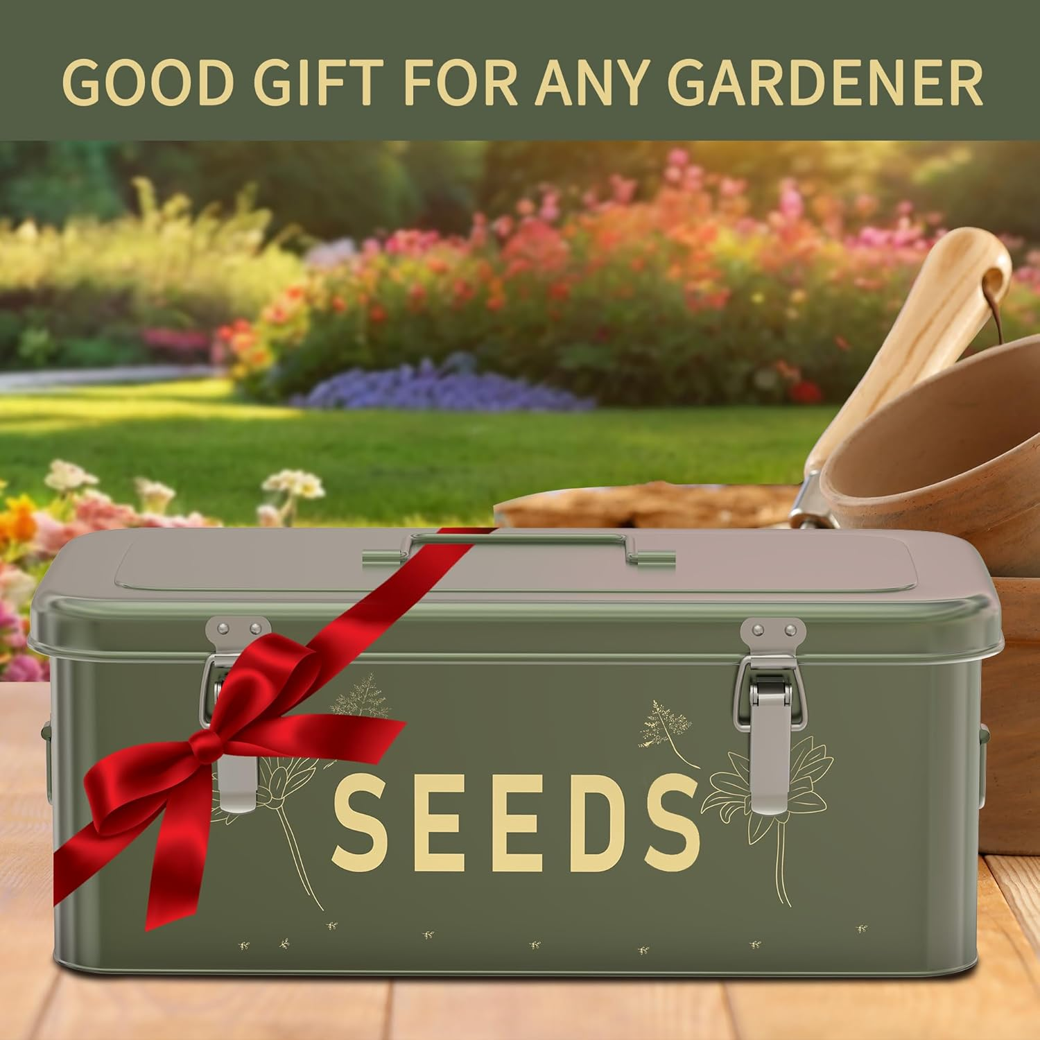 Orionstar Seed Storage Organizer, Metal Seed Saving Box with Lid, Seed Bin with 30 Plant Labels 30 Seed Envelopes 1 Marker Pens, 4 Compartments Box with Safety Locks, Blackish Green image number 1