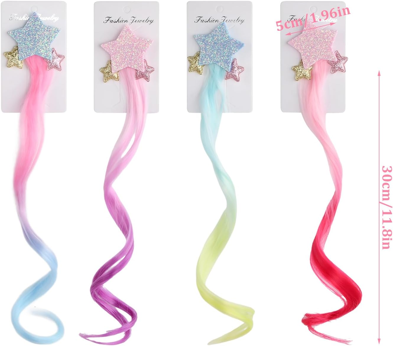 4PCS Coloured Hair, Children'S Colourful Wig Hair Clip Decoration Star, Kids Hair Extensions Fake Hair Rainbow Color Wig Clips Children, for Girls World Princess Party Cosplay Crazy Hair Day for Kids image number 3