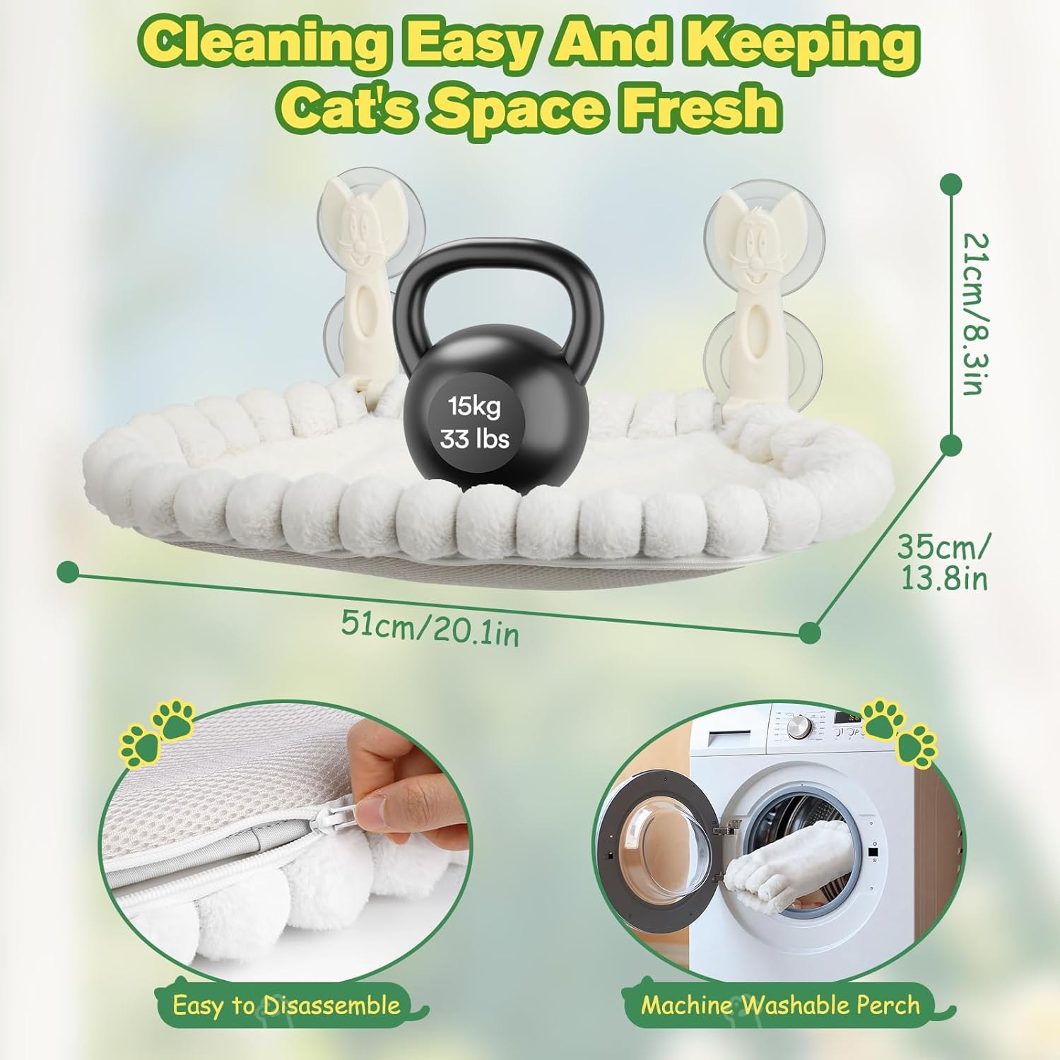 Euqvunn Cordless Cat Window Bed - 33LBS Weight Capacity with Dual-Side Washable Cushion, Foldable Cat Hammock for Indoor Cats, Ideal for Sunbathing, Napping & Bird Watching image number 6