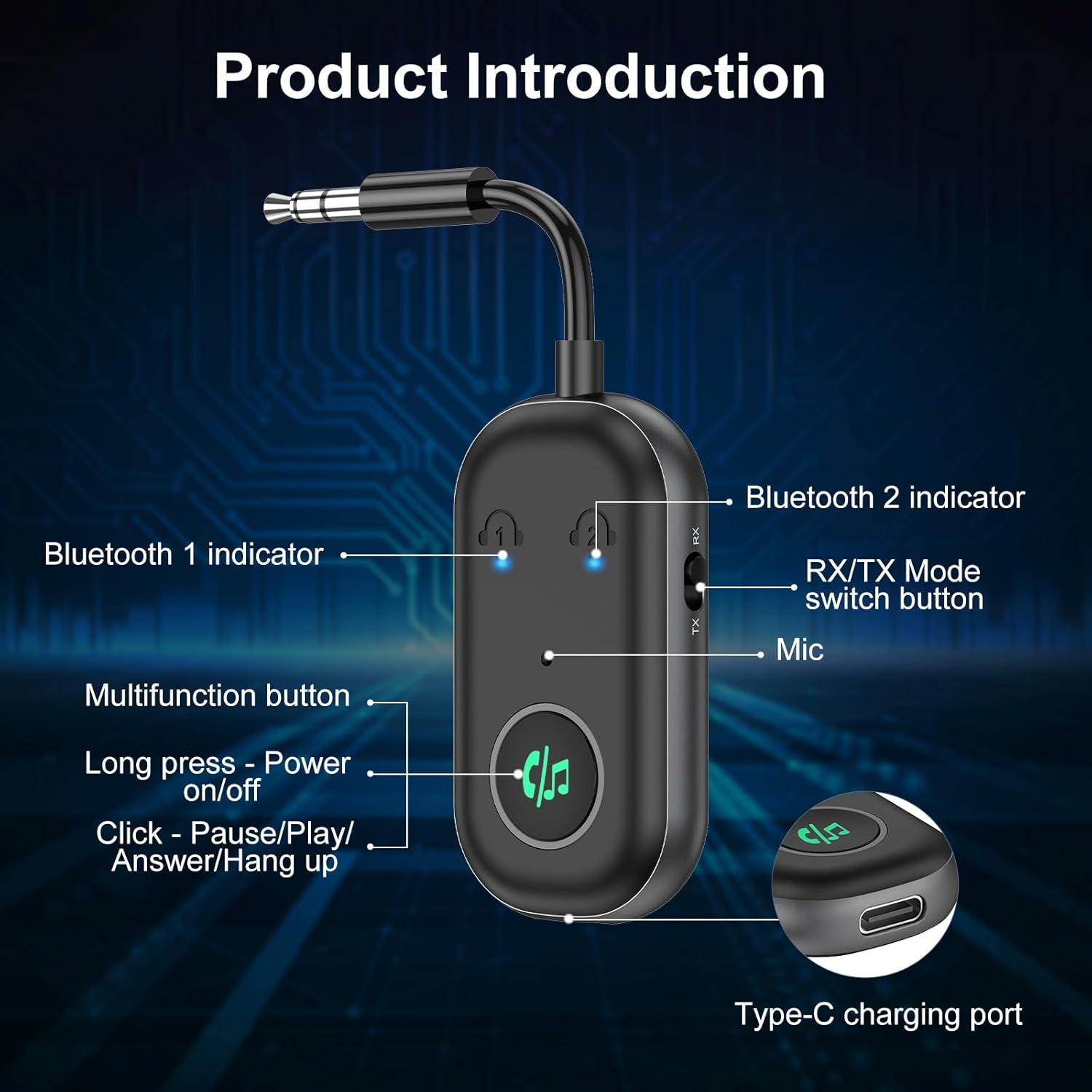 AMIR Bluetooth 5.3 Transmitter Receiver, 2-In-1 Airplane Bluetooth Adapter with Dual Connection, 13Hr Playtime, Plug and Play, Portable Bluetooth Headphone Adapter for TV, Hifi, Airplane, Speaker image number 1