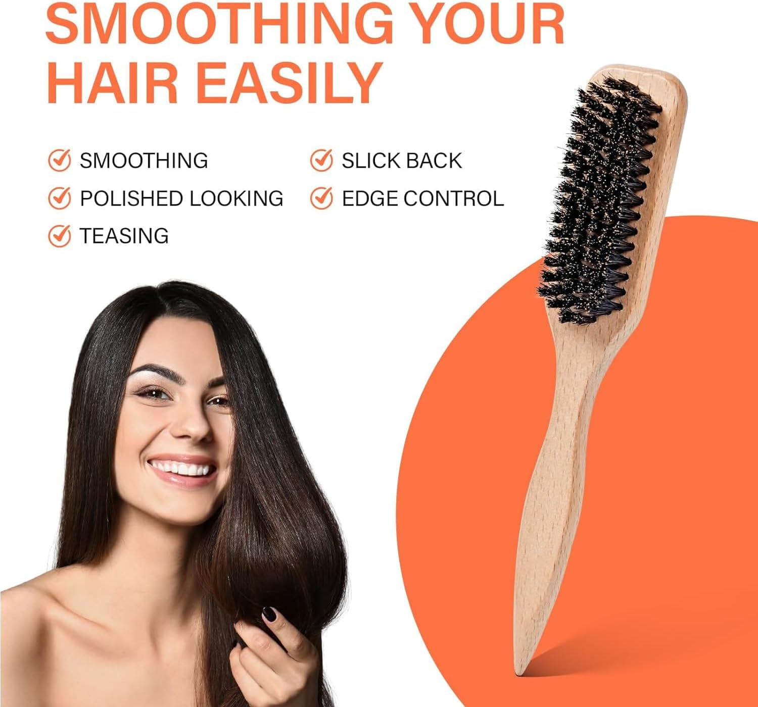 Slick Back Hair Brush for Smoothing Ponytail, Boar Bristle Hair Brush Set &ndash; Edge Control Brush, Wooden Rat Tail Comb & Teasing Brush for Men & Women, Ideal for Sleek Styles, Wax Stick Application & Hair Parting image number 5