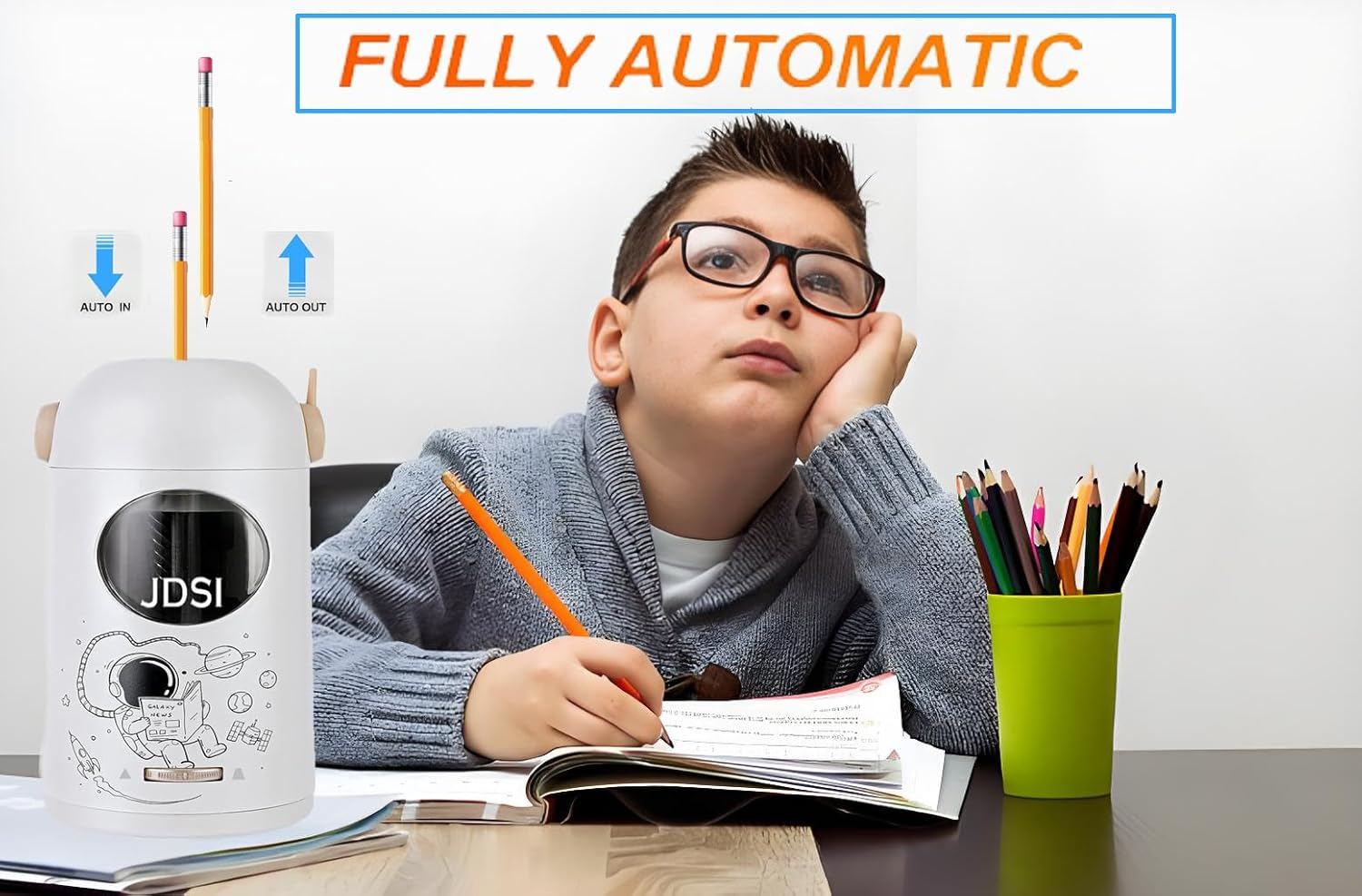 JDSI Lectric Pencil Sharpener Fully Automatic,Auto in & Out, Rechargeable Hands-Free Pencil Sharpener for 7-11.5Mm Jumbo Pencils, Adjustable Pencil Nibs (Whie)