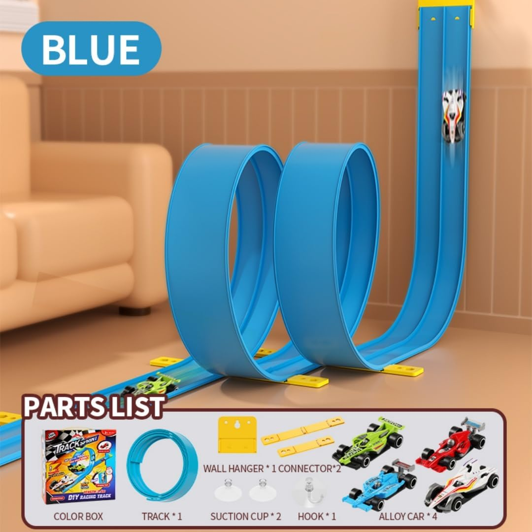 390CM Flexible Race Track Toys for Kids, Flex Race Car Set with 4 Toy Cars, with Suction Cups Compatible with Hot Wheels and Diecast 1/64Th Cars, Classic Long Rolls up Portable Racetrack, Blue image number 5