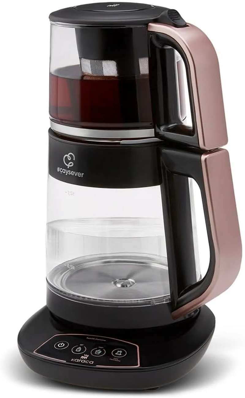 Karaca &Ccedil;aysever 3-In-1 Talking Glass Tea Kettle & Caydanlik, Kettle & Baby Food Heater, Rose Gold, Automatic Brewing, Fresh Indicator, Voice Tips, Safety Shut Off