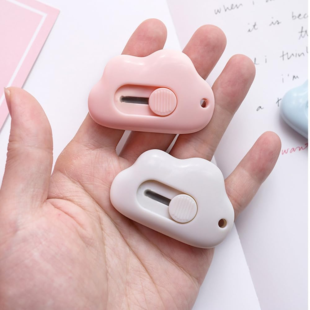 Small Box Cutter, 6 Pcs Cloud Shape Mini Safety Blade Box Opener, Retractable Utility Knife for Card, Parcels and Wrapping Paper (Pink+Blue+White) - Pink image number 7