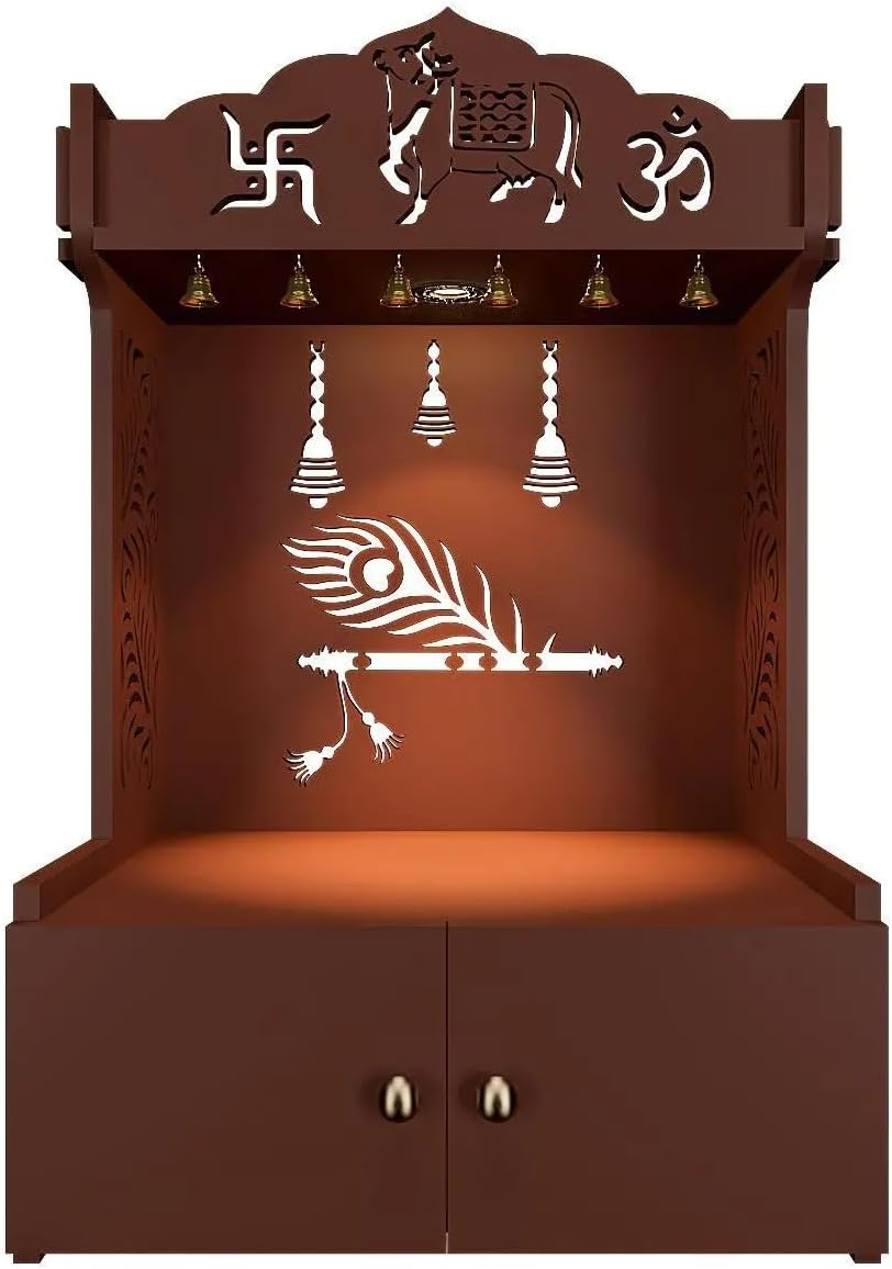 Krishna'S Grace Mor Pankh Wooden Home Temple for Serenity with Inbuilt Focus Light - Walnut Color image number 5