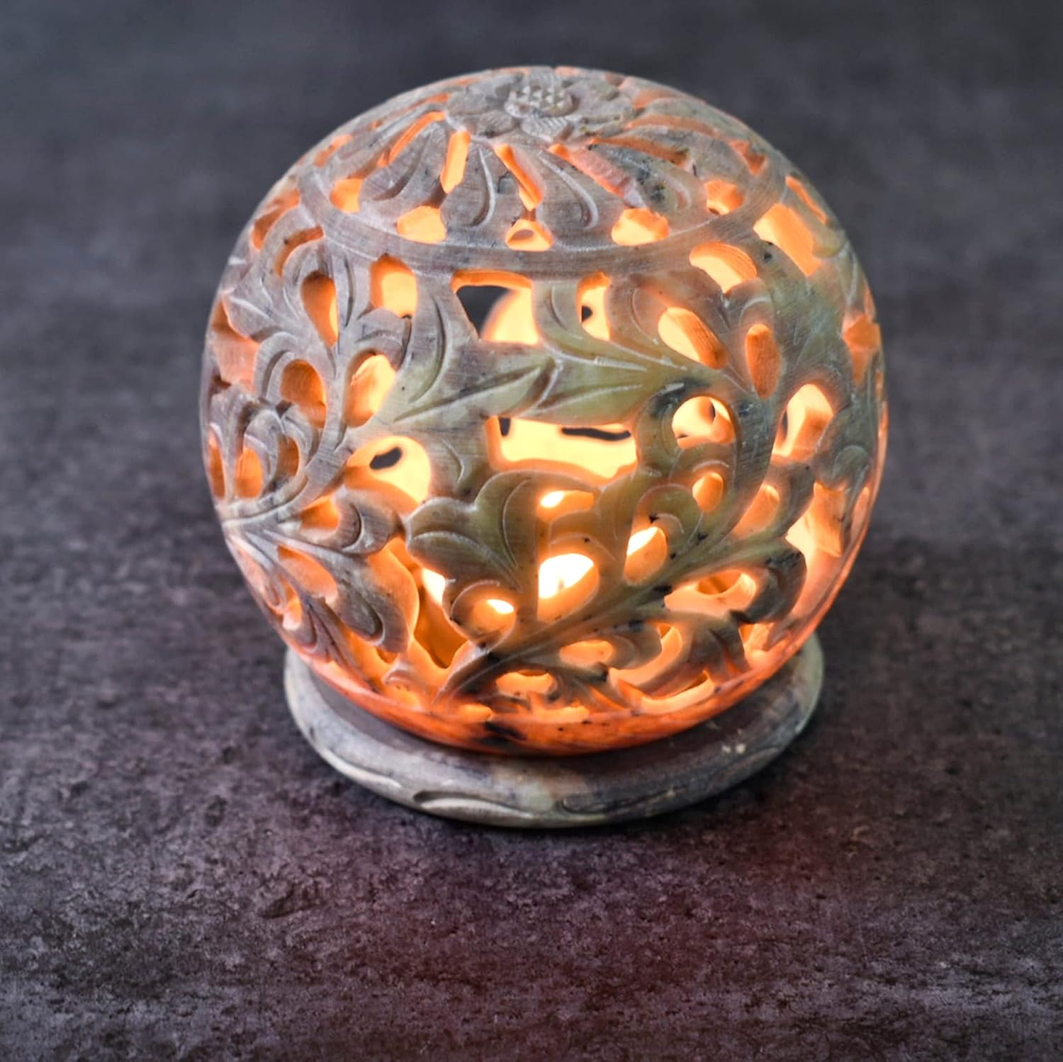 India House Hand-Carved Soapstone Tealight Holder or Incense Burner&ndash; Decorative Rosette Top Votive Candle Lantern for Home, Kitchen, and Office Table Decor &ndash; Ethnic Handmade Accent Token of Love image number 4