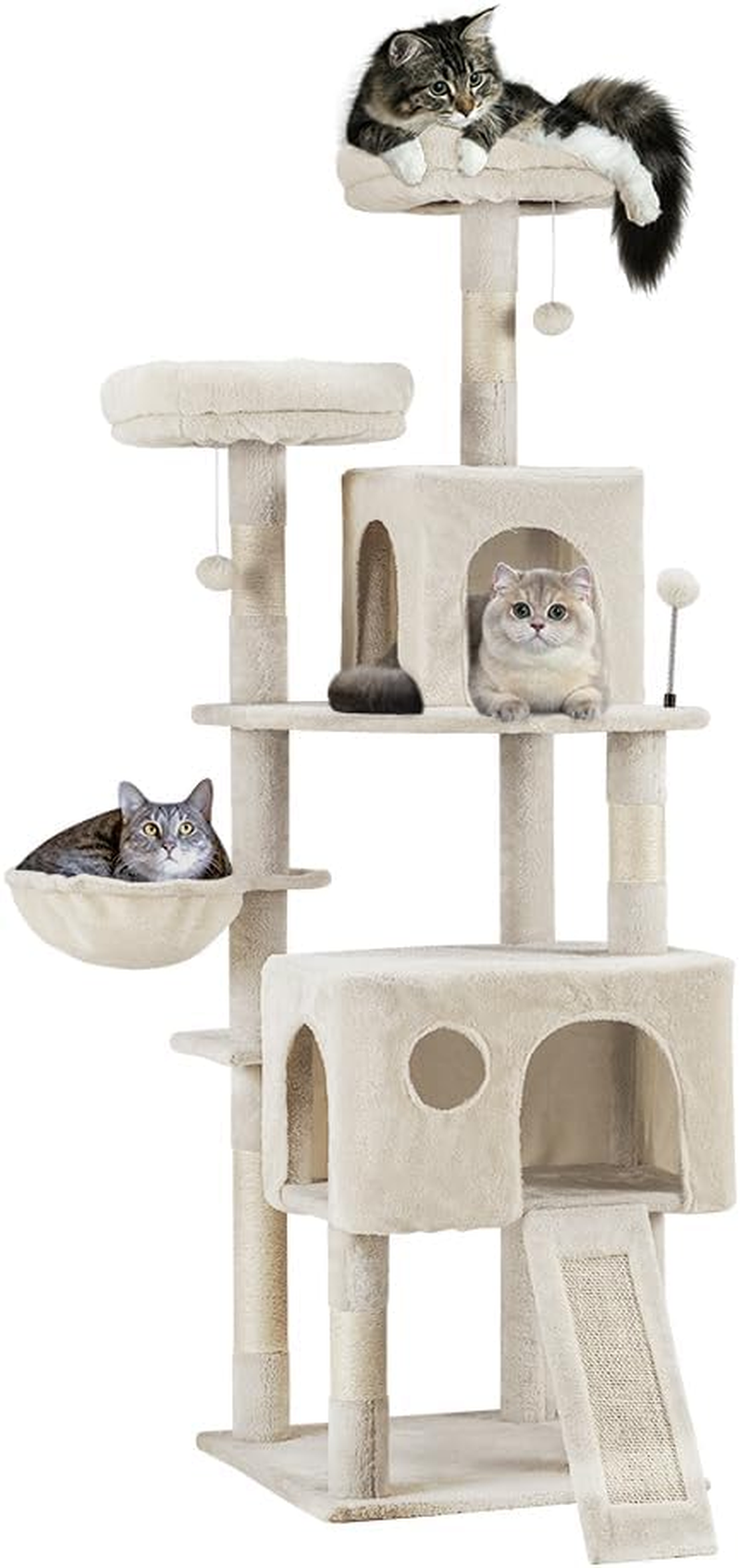Cat Tree, 180CM Tall Cat Tree Tower for Large/Big Cats, Climbing Cat Tower Multi-Level Furniture Activity Center with a Large Hammock, Cat Condo and 4 Sisal Scratching Posts, Light Gray