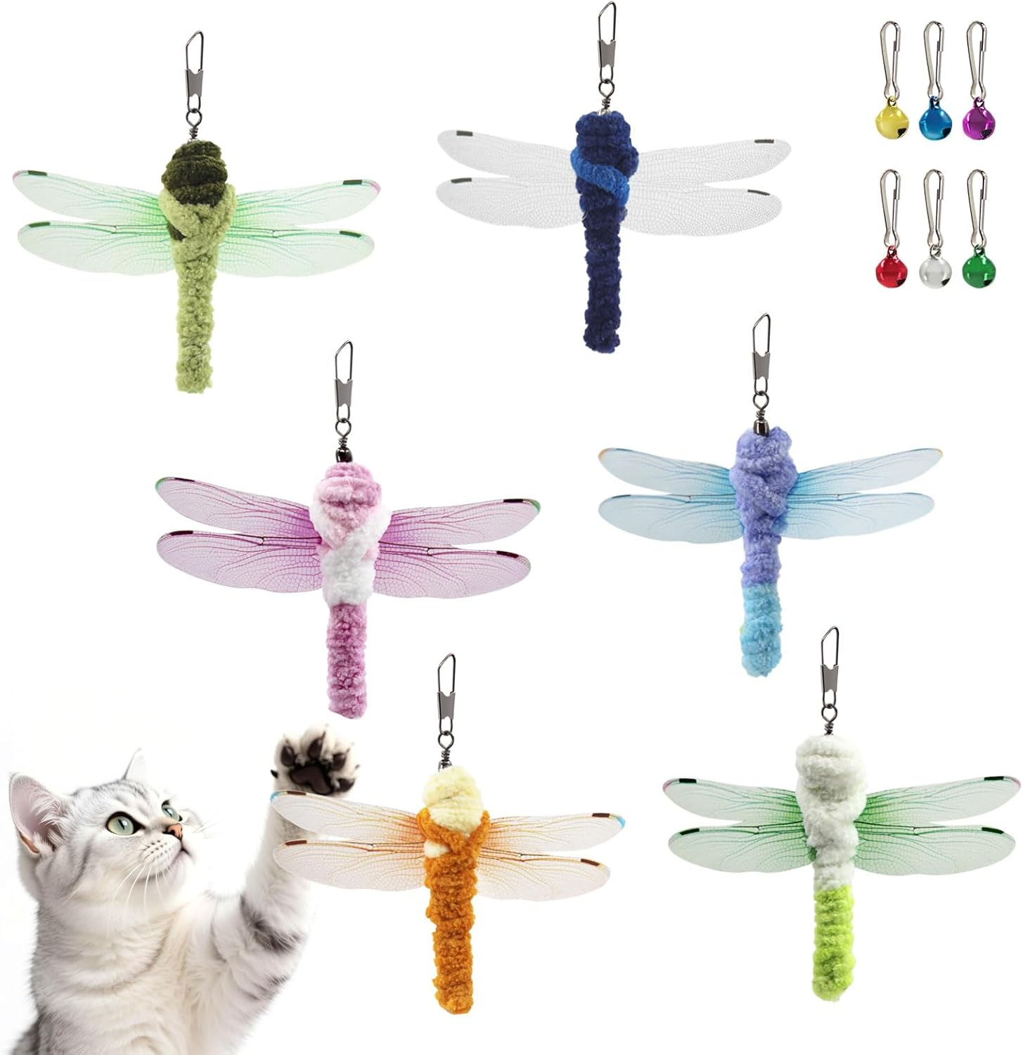 SONGWAY Cat Toy Wand Replacement - 6 Feather Wings Insect Cat Toys, Cat Feather Toy Refills, Cat Teaser Wand Attachments, Interactive Cat Toys for Indoor Cats