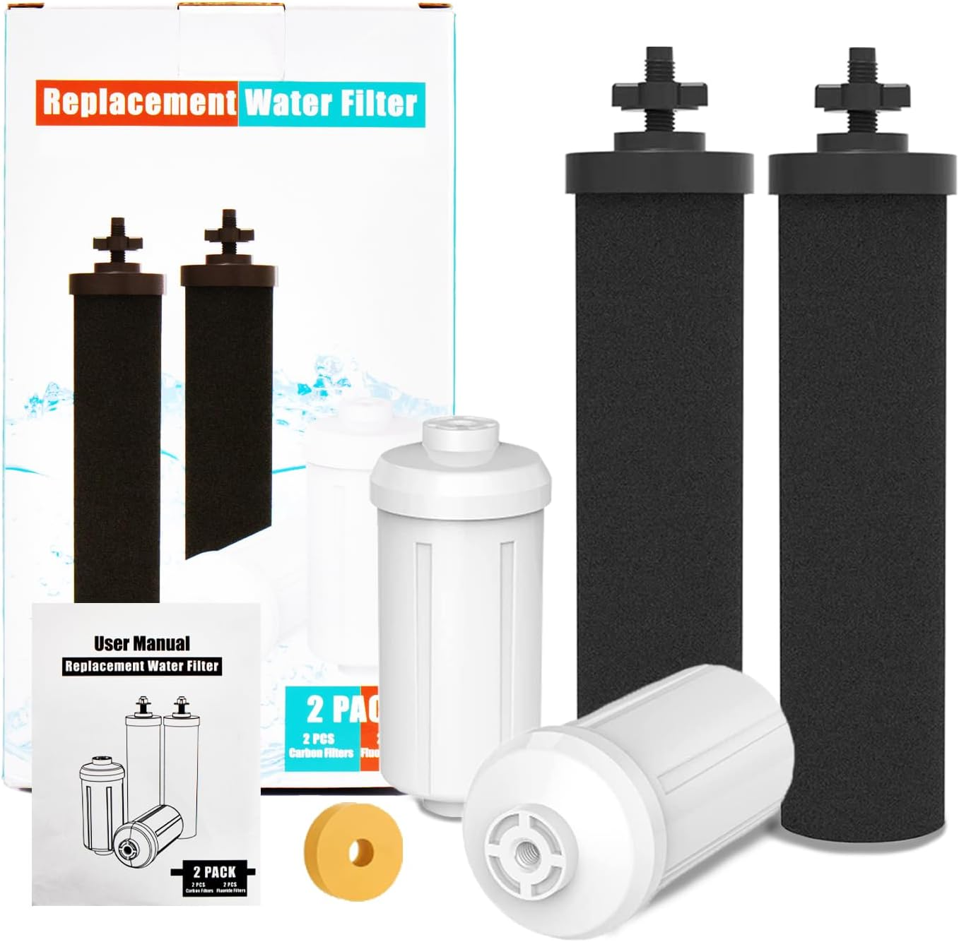 Water Filter Replacement for Berkey Water Filter, 2 Activated Carbon Filters and 2 Fluoride Filters Compatible with Purifiers Berkey Gravity Water Filter System