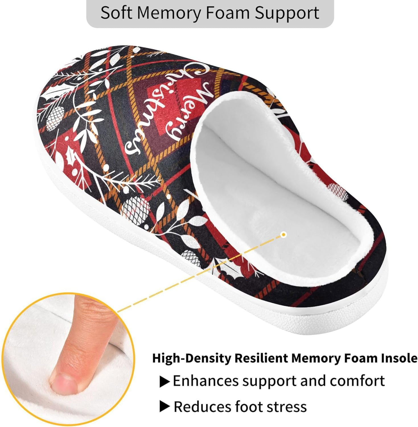 Caihoyu Memory Foam Slippers for Womens Mens Warm Plush Non-Slip Comfy Slippers Bedroom Home Office Travel Yoga 3XL Christmas Wreath Plaid Pattern, Color 6, 16-17 Women/13-14 Men image number 3