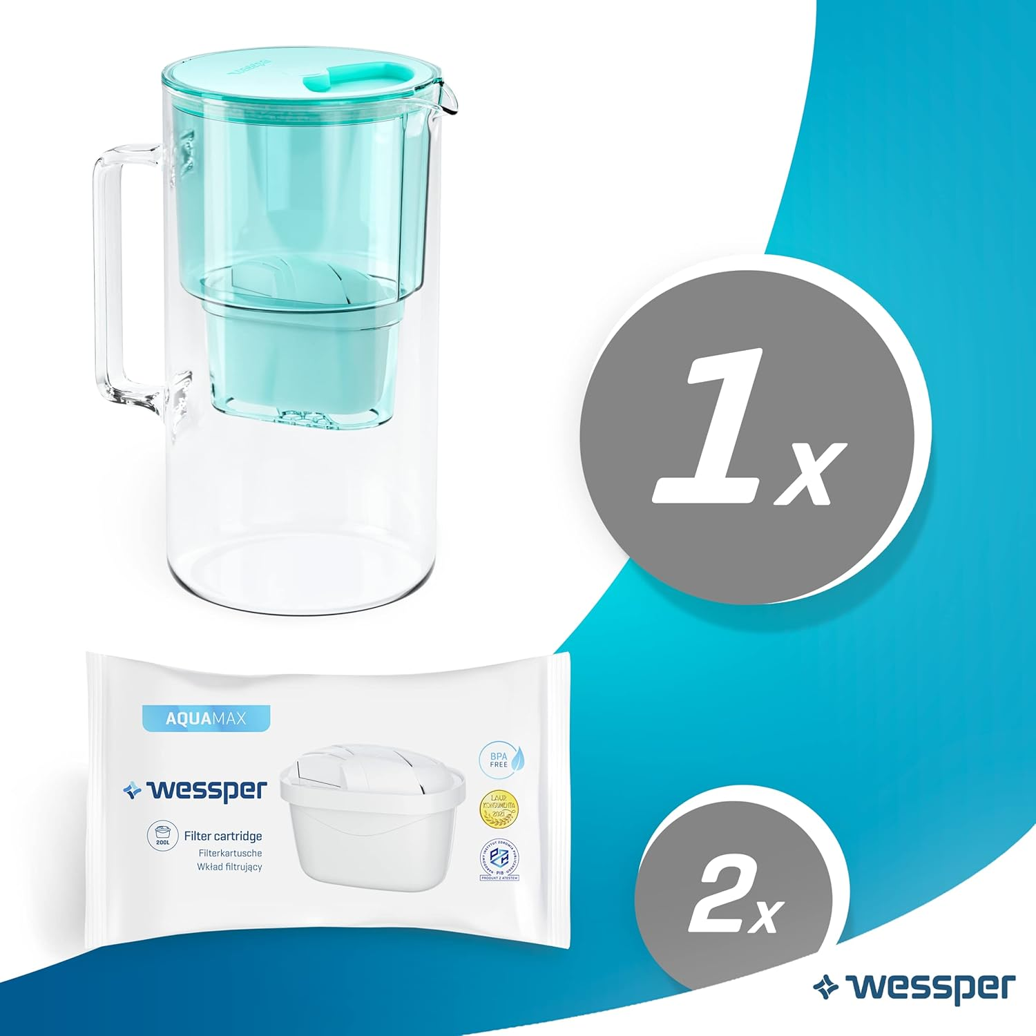 Wessper Glass Filter Jug with Two Filters for Carafes, Compatible with Brita Maxtra, Brita Maxtra+, Large Capacity 3L, Carafe Kit + 2 Cartridges- Mint - Black image number 4