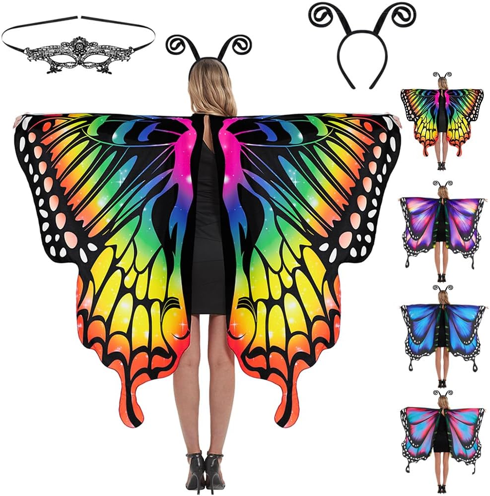 AUTOWT Halloween Butterfly Costume for Women, Adult Butterfly Wings Shawl with Masquerade Mask & Antenna Headband Kit for Ladies Cosplay Animal Avatar Photo Shoot Dress-Up Party Book Week image number 5