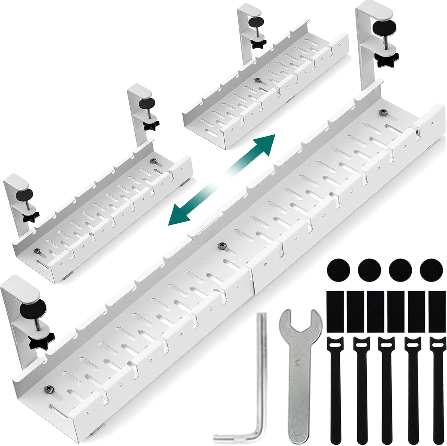 Under Desk Cable Management Tray, IGGDOQI No Drilling Extendable Cable Organizers, Wire Management Tray Cable Management Rack, Desk Cable Tray with Wire Organizer, and Desk Cord Organizer Kit (White)