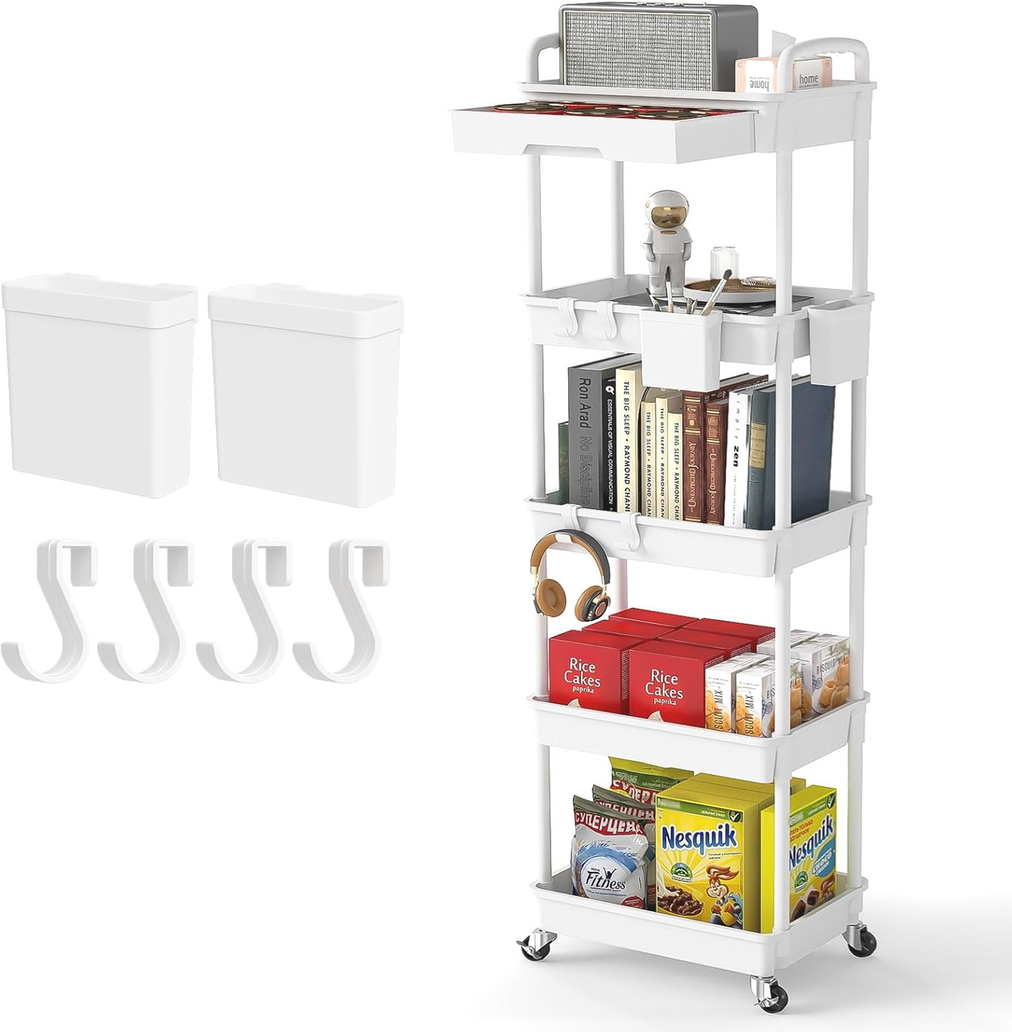 5 Tier Rolling Utility Cart with Drawer,Rebecat Utility Cart Made of Multifunctional Storage Organizer Tool for Kitchen,Bathroom,Living Room,Office(White) image number 4