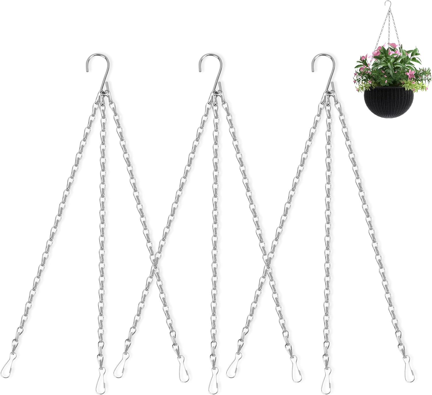Hanging Basket Chain, 3 Pack 16 Inch Chain for Hanging Plants, Black Plant Chains for Hanging Baskets, 3 Leads Hanging Chain with Hooks for Flower Pots Basket Bird Feeders Sign Wind Chime Billboards