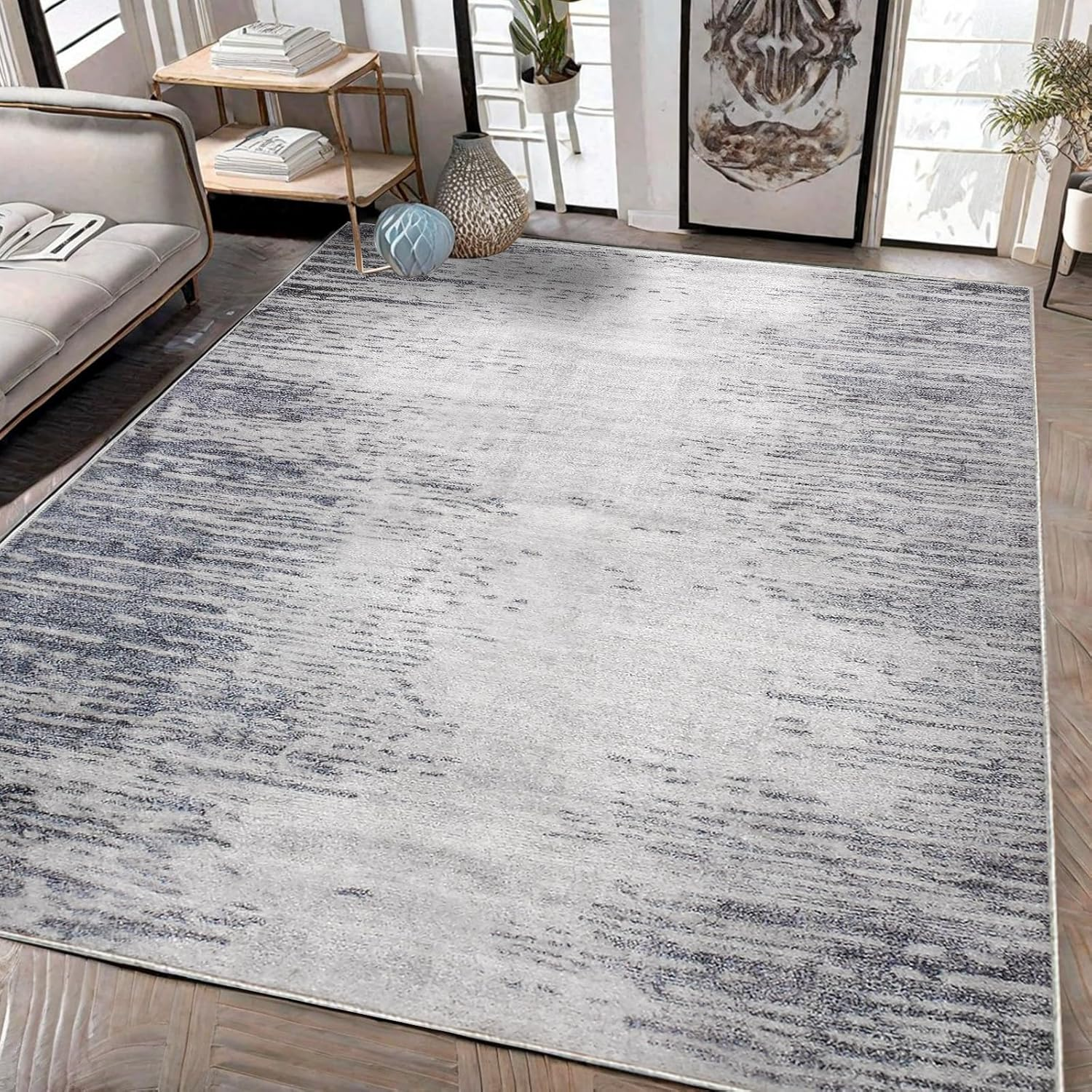 Tinyboy-Hbq Area Rugs Abstract Rug Modern Soft Living Room Carpet Large Washable Shaggy Rugs for Living Room Bedroom Dining Room Indoor Home Decor Carpet (Abstract Grey/Blue, 160 X 200 Cm) image number 5