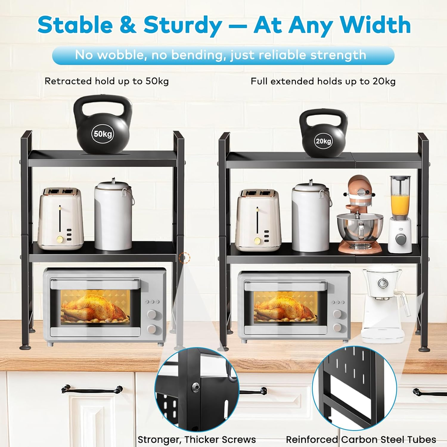 Microwave Shelf, 3-Tier Expandable Microwave Stand with DIY Pegboard &ndash; Adjustable Kitchen Benchtop Oven Rack with Towel Bar, Cutting Board Holder & 15 Hooks (Black) image number 6