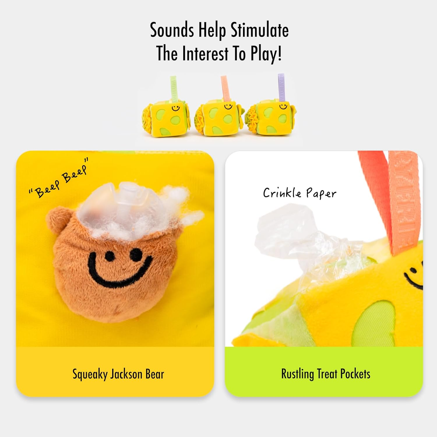 Interactive Treat Dispensing Dog Plush Toy in Shape of Cube, Light Yellow and Green, with Squeaker and Crinkle Paper, Snuffle Toy for Dogs image number 4