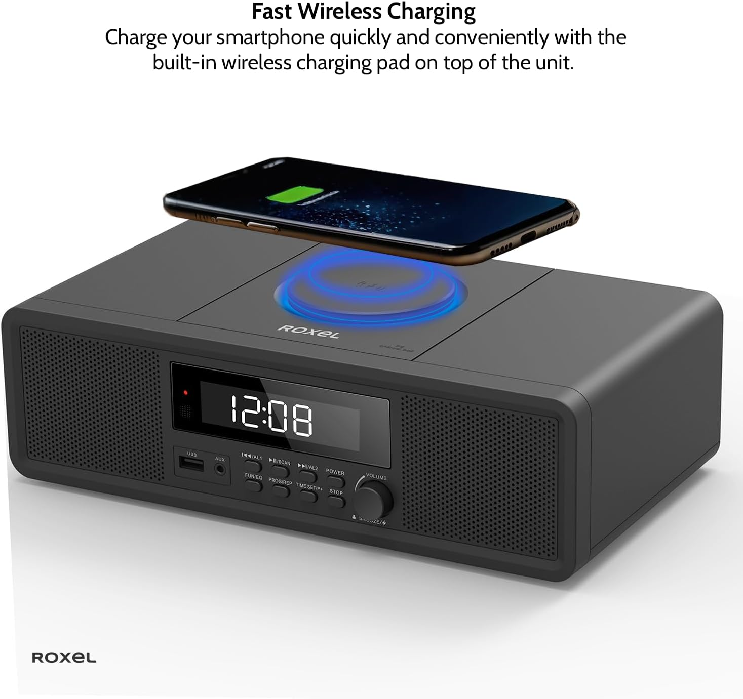 Roxel RCD-330BT All-In-One Compact Mini System with CD Player, USB Playback, FM Radio, BT Streaming, Headphone Jack and Wireless Phone Charging image number 5