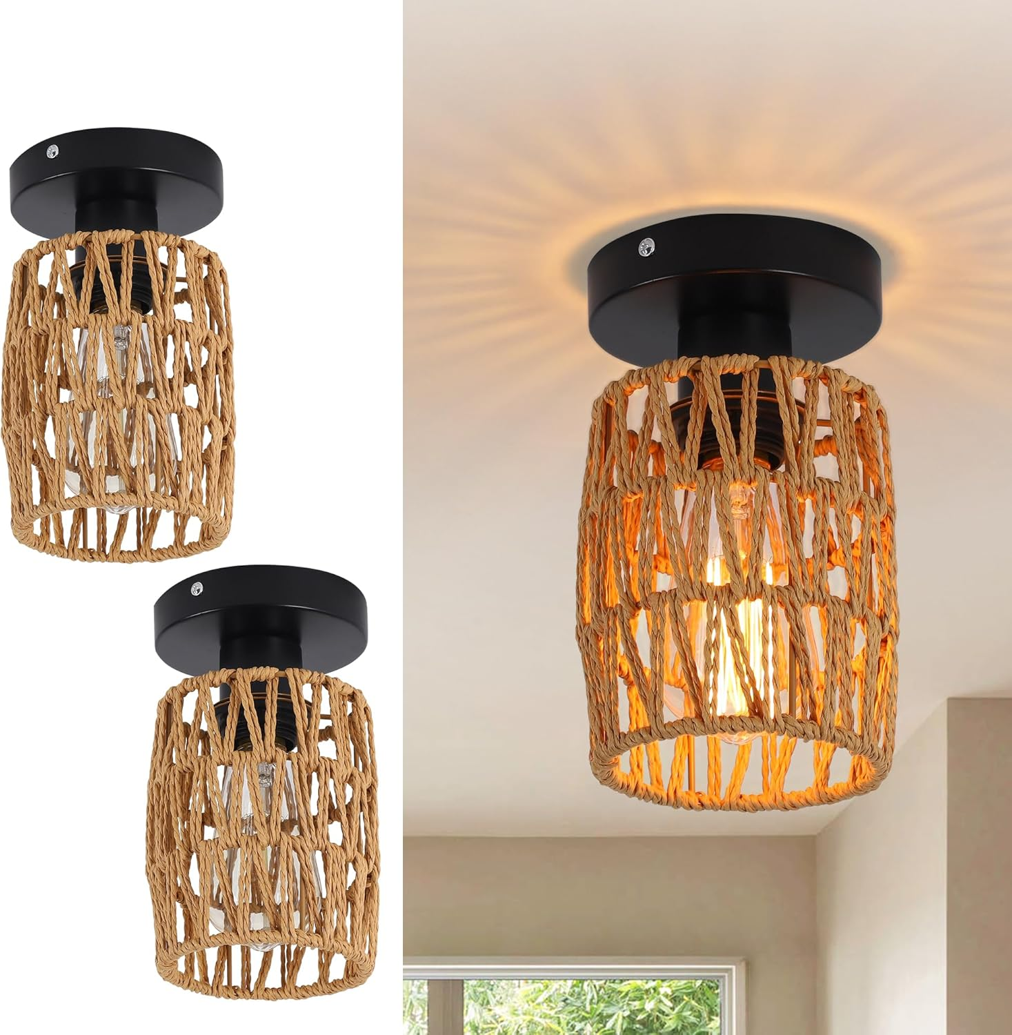 Oninio Rattan Ceiling Light,Boho Semi Recessed Ceiling Light,Handmade Lighting Fixtures,E27 Vintage Chandelier Rustic White Rattan Lamp for Living Room Bedroom Dining Kitchen Bulb Not Included