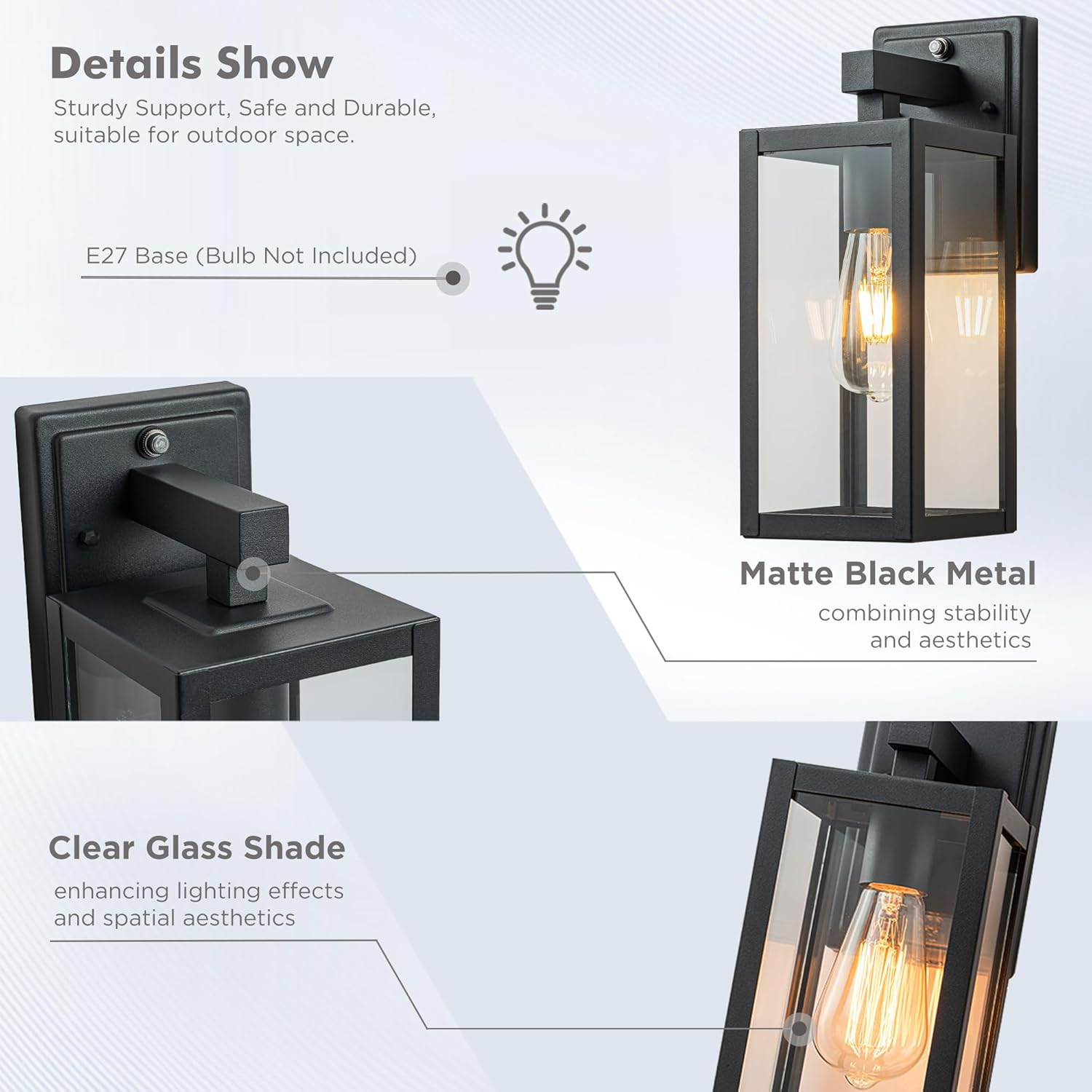 FTL Dusk Till Dawn Outdoor Wall Lights, E27 Wall Lantern Porch Light with Ambient Sensor, Matte Black Exterior Wall Lamp with Clear Glass, outside Sensor Wall Light Fixture for Patio, IP44 Waterproof image number 3