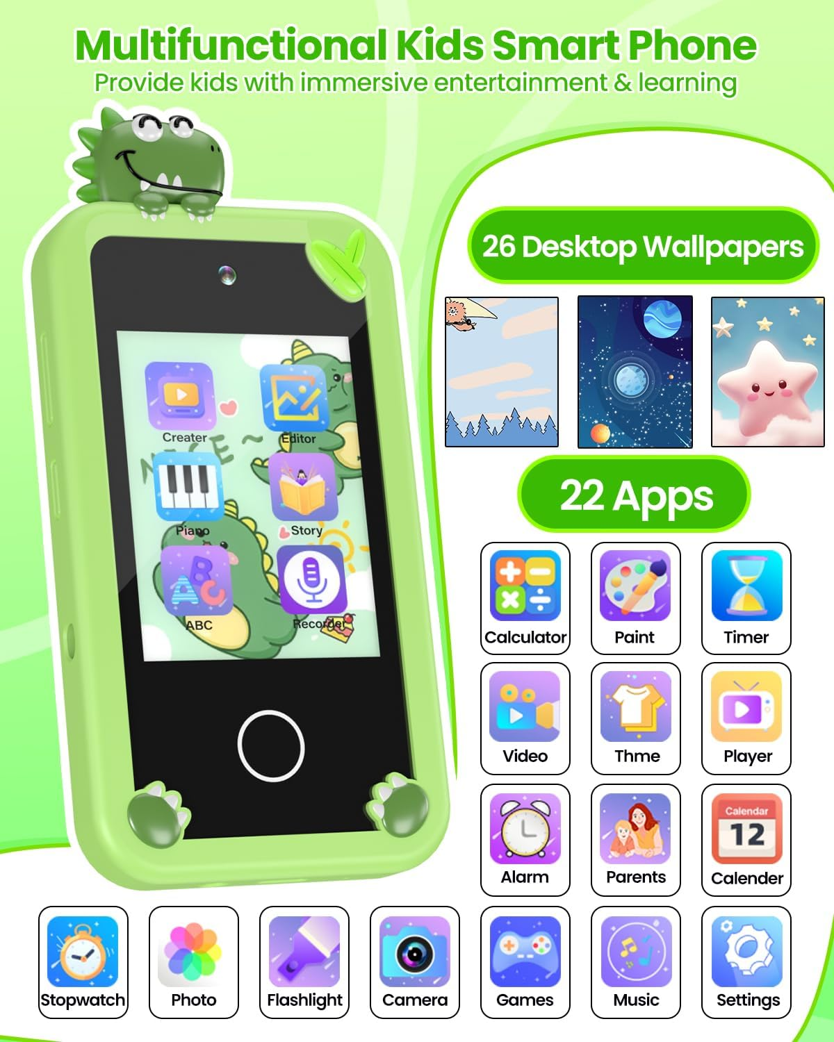 Kids Smart Phone for Boys with 32G Card & Holographic Pyramid, Christmas Birthday Gifts for Age 3-10 Kids Toys Cell Phone, 2.8"Touchscreen Toddler Learning Toy, Dual Lens, Music Player(Green Dinosaur) image number 6