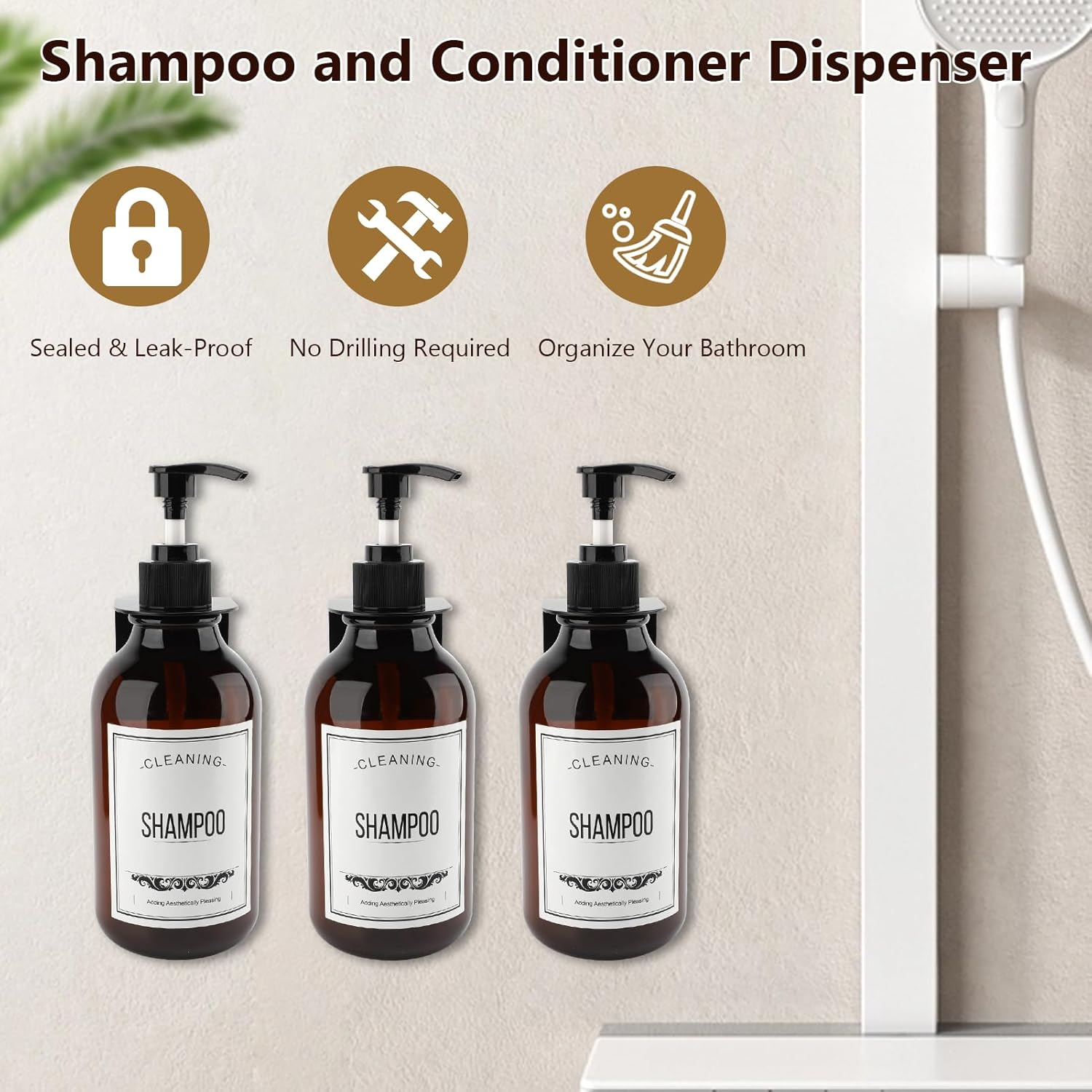 3PCS 16.9Oz Wall-Mounted Shampoo Dispenser, No Drill Bathroom Shower Soap Dispenser, Shampoo and Conditioner Dispenser with Waterproof Labels, for Home Bathroom image number 5