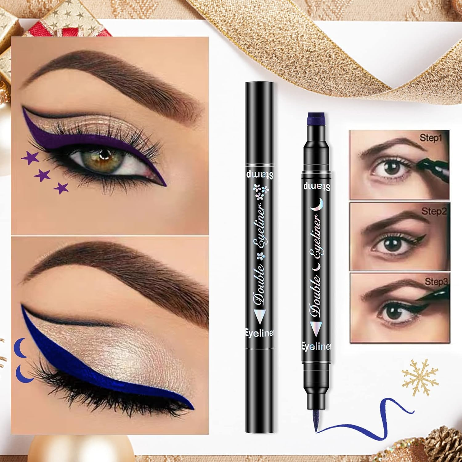 Erinde 6 Colors Double-Headed Liquid Eyeliner Stamp Pen Set, Blue Red Pink Purple Green Black Colorful Winged Eye Liners for Women, Waterproof Long-Lasting Star Moon Heart Halloween Eye Face Makeup image number 2