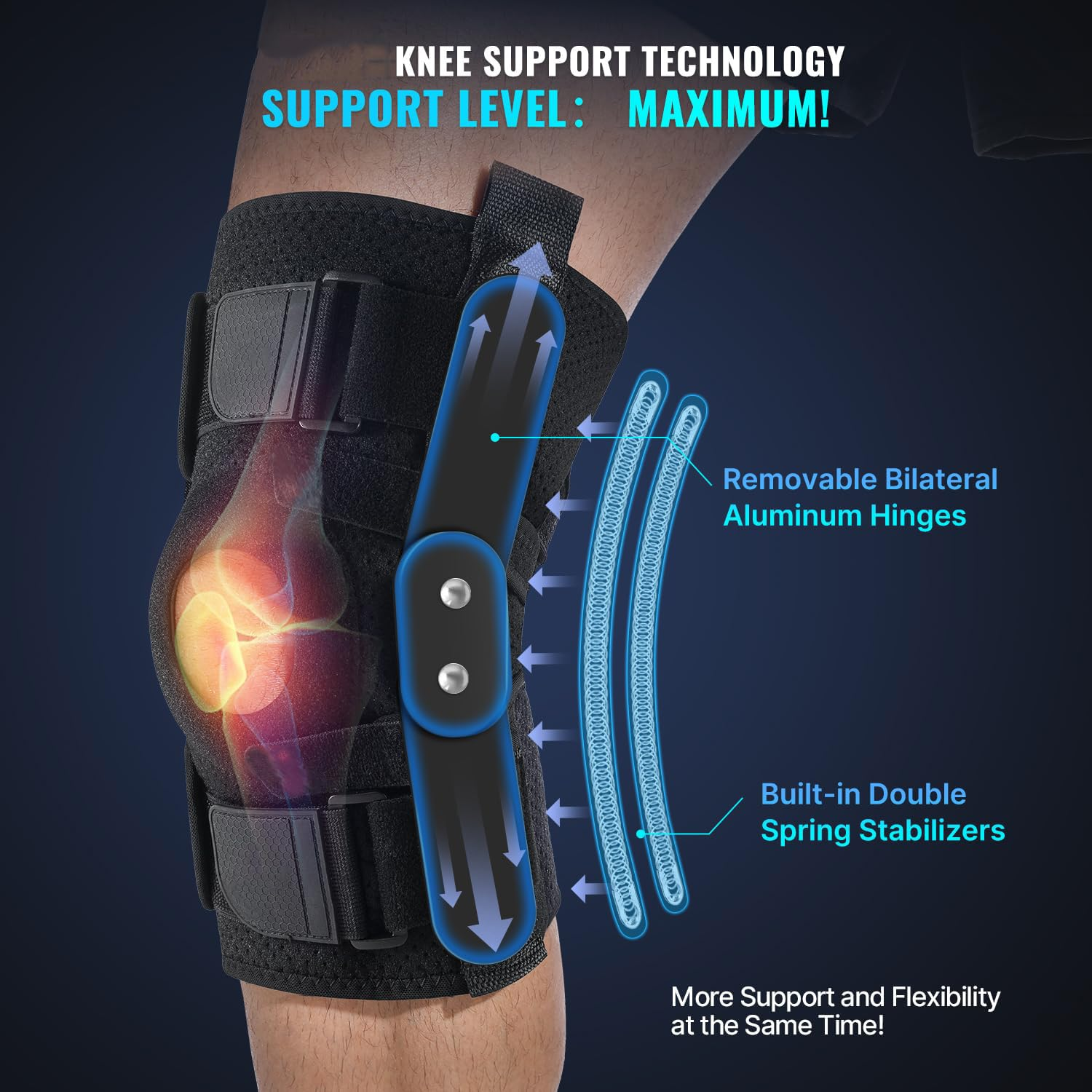 Hinged Knee Brace for Men and Women, Breathable Fabric Adjustable Patellar Knee Support for Meniscus Tear Knee Pain Relief Meniscus Arthritis W/Side Stabilizers & Hinge S - Black M image number 2