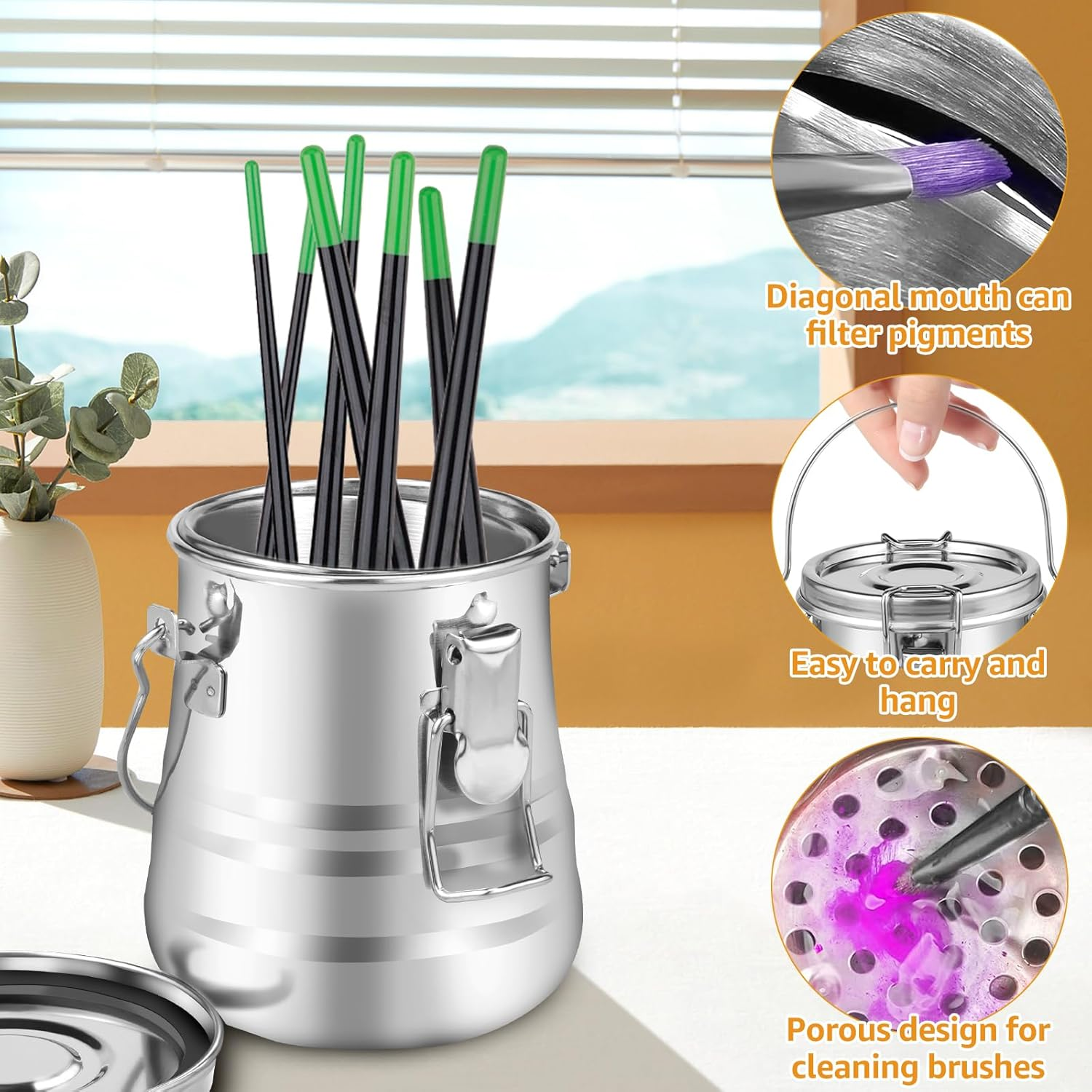 Paint Brush Washer Pot, Stainless Steel Paint Brush Cleaner with Removable Strainer, Portable Brush Cleaner with Handle, Paint Brush Washer for Oil Painting 4.4&times;3.4In image number 6