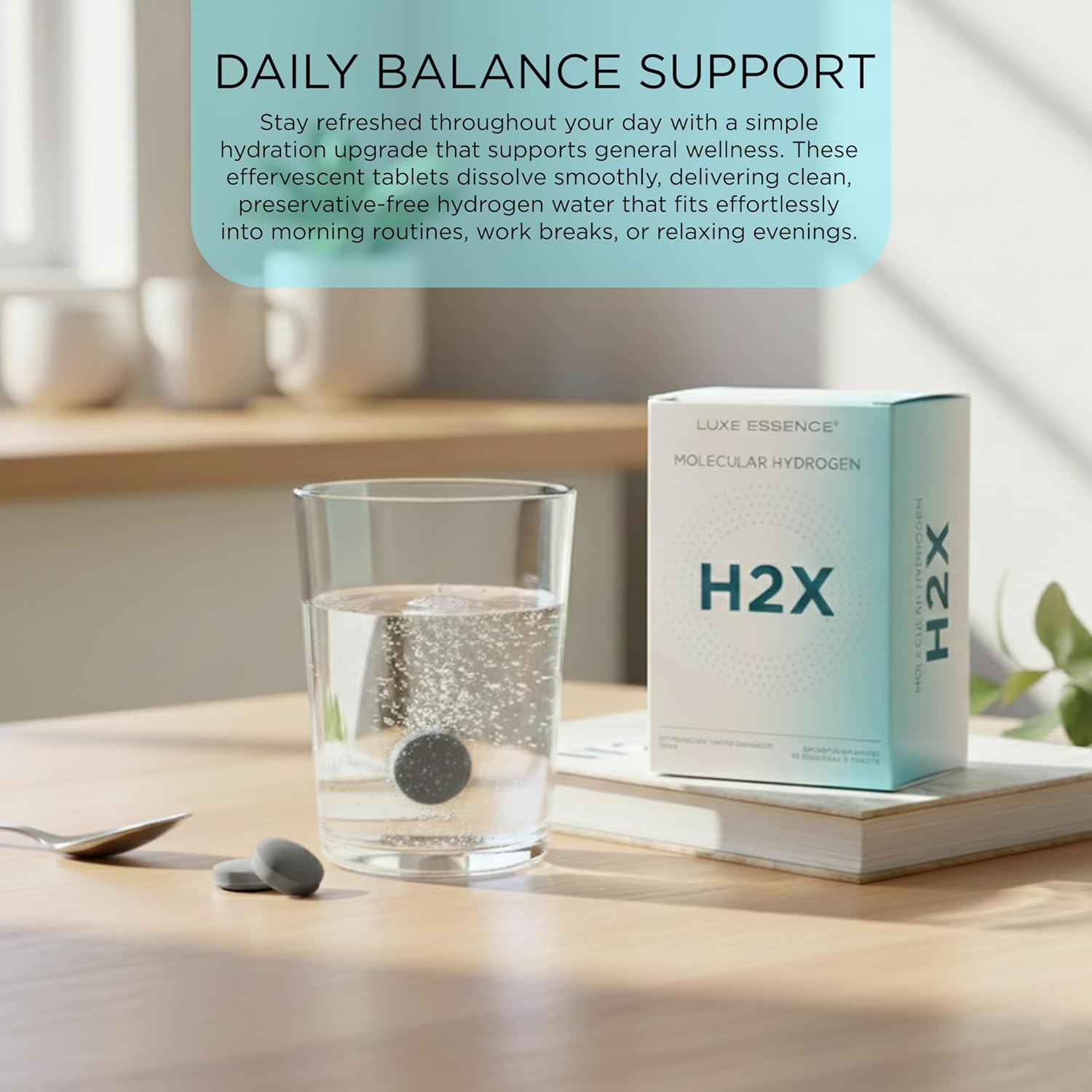 Molecular Hydrogen H2X Tablets for Drinking Water | Molecular Hydrogen Water Tablets | Water-Infusing Effervescent Tablet | 12 PPM Hydrogen-Generating Formula | 60 Count image number 1