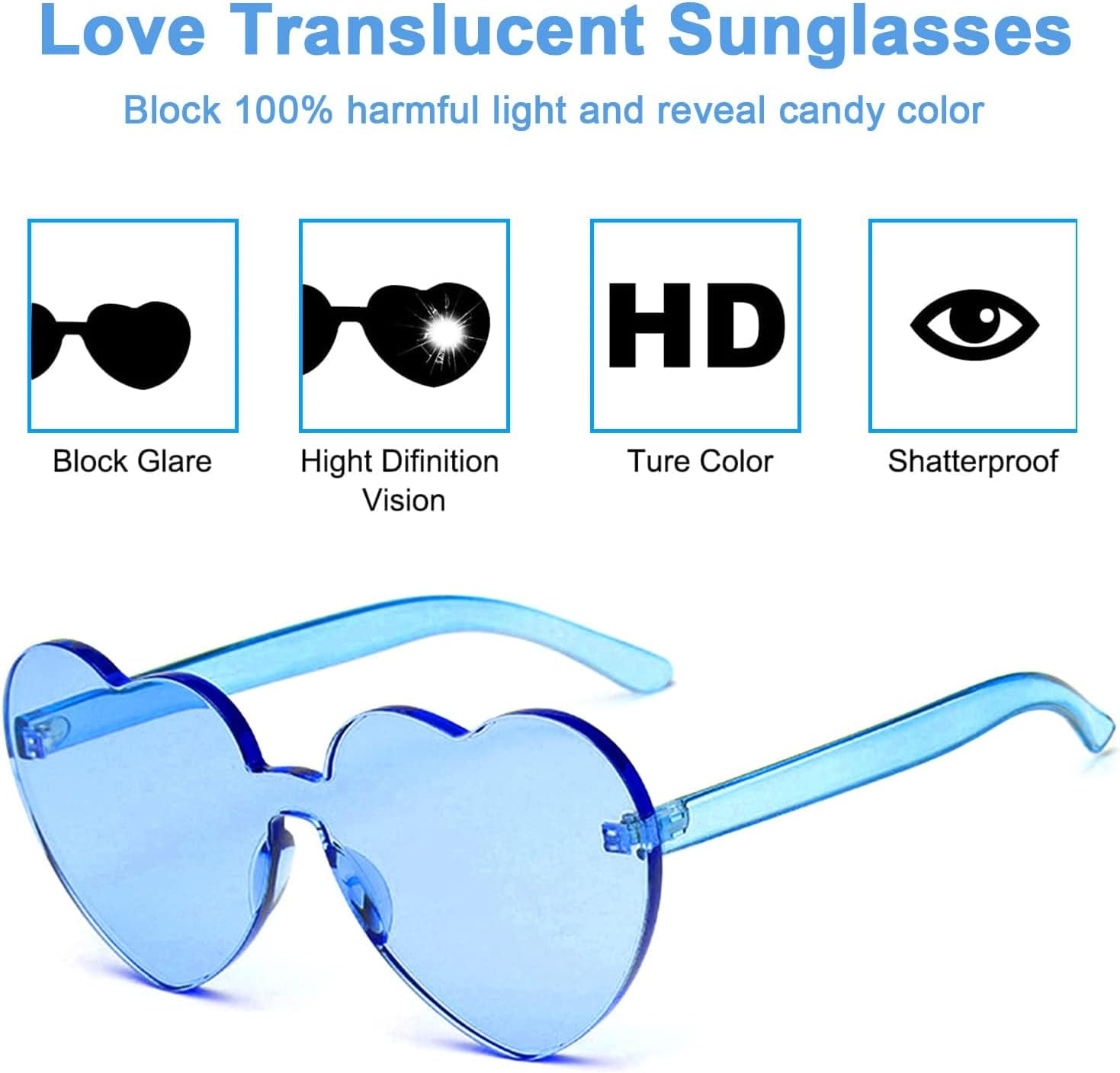 Love Sunglasses, 10 Pairs Heart Rimless Sunglasses, Kids Sunglasses Tinted Eyewear for Beach Festival Christmas Party image number 4