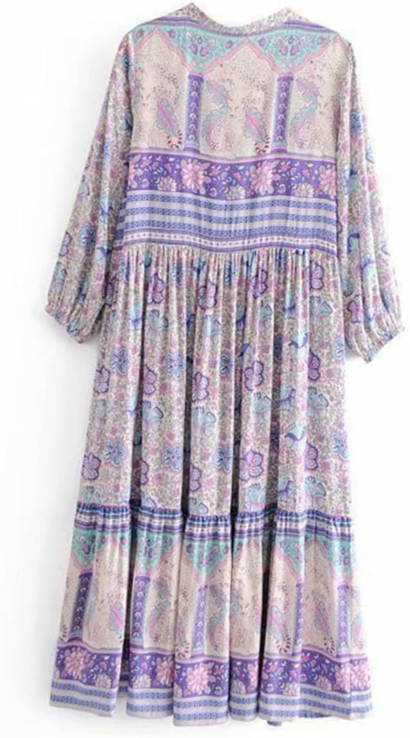 Bohemia Style Maxi Dress for Women Long Sleeve Lapel Elegant Party Wear Dress Casual Daily Workwear Blue image number 4