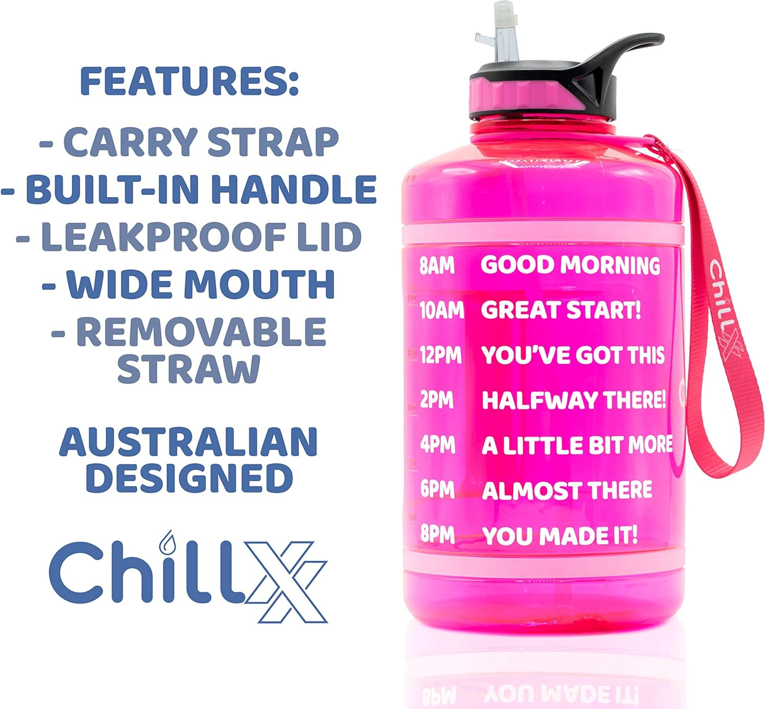 Water Bottle - Chillxx 2L Water Bottle (Pink 2200Ml) - Drink Bottle - Motivational Water Bottle with Time Markings - 2 Litre Water Bottle with Straw - Sports Water Bottles & Accessories image number 2