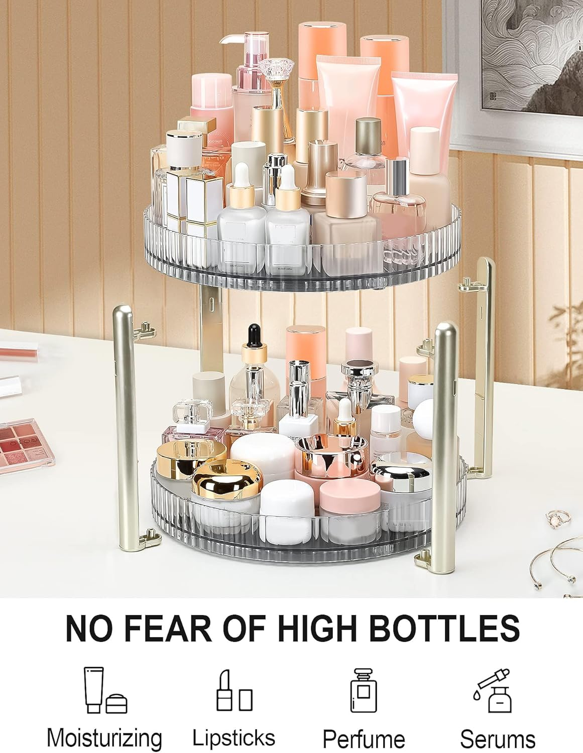 ROWNYEON 360 Rotating Makeup Organizer Storage 2 Tier Spinning Skincare Organiser Lazy Susan Bathroom Organizer Spinning Storage Shelf Cosmetic Organizer for Vanity,Perfume,Make Up,Beauty,Dresser