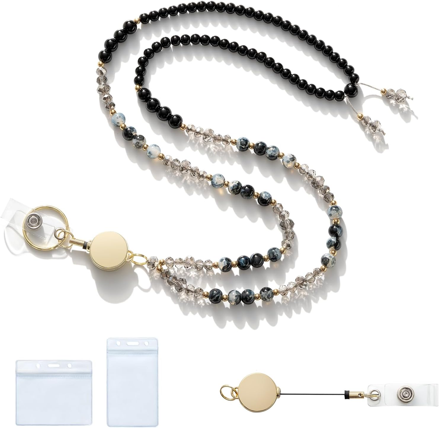 MORSUNBELA ID Card Holder Lanyard Work Card Lanyard Retractable Beaded for Women Badge Holders Keys Necklace Cute Long Lanyard Coffee Color