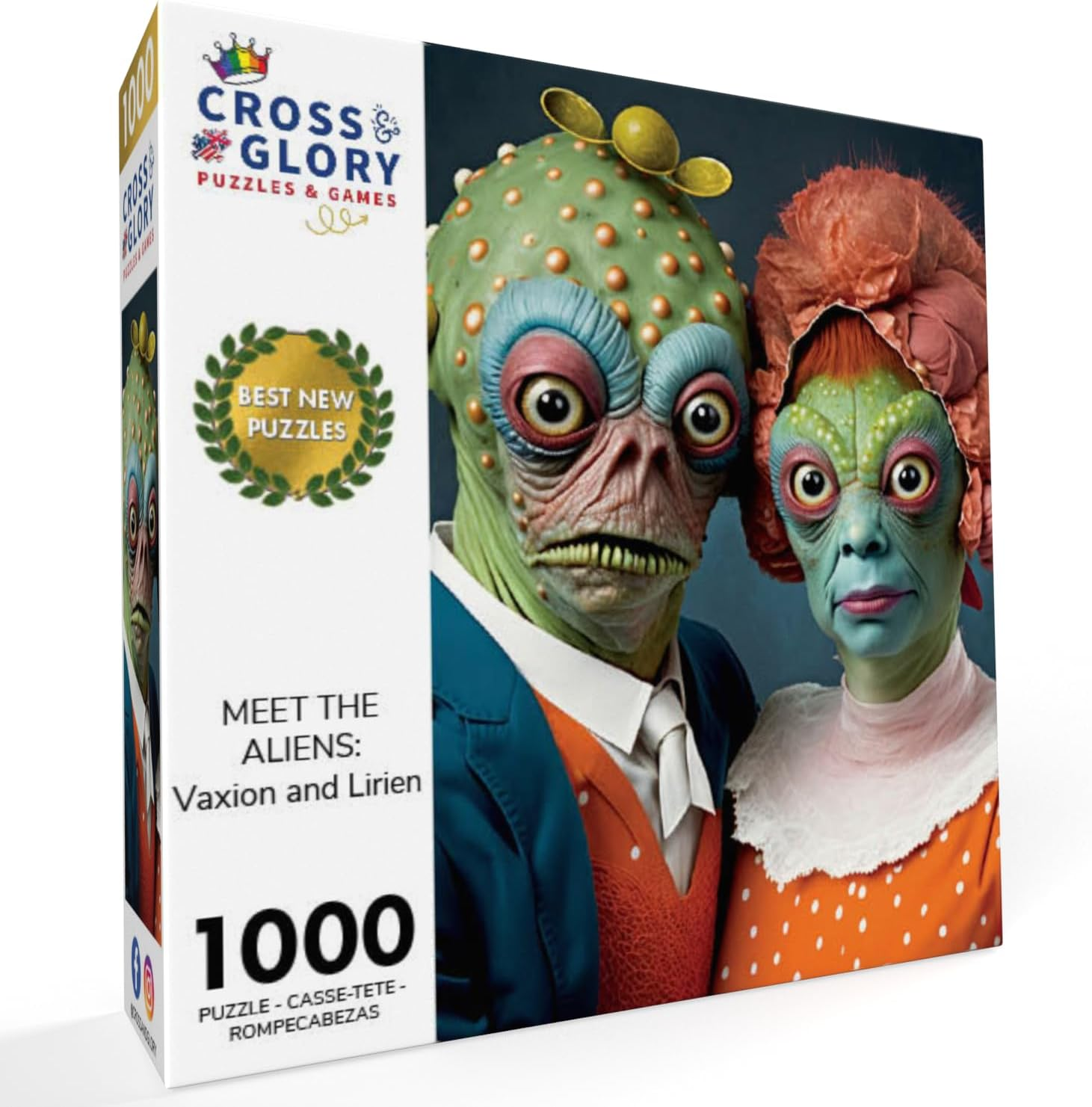 Cross & Glory Meet the Aliens: Vaxion and Lirien 1000 Piece Jigsaw Puzzle by - Unique and Colorful Artwork of an Alien Couple for Puzzle Enthusiasts and Science Fiction Fans image number 1