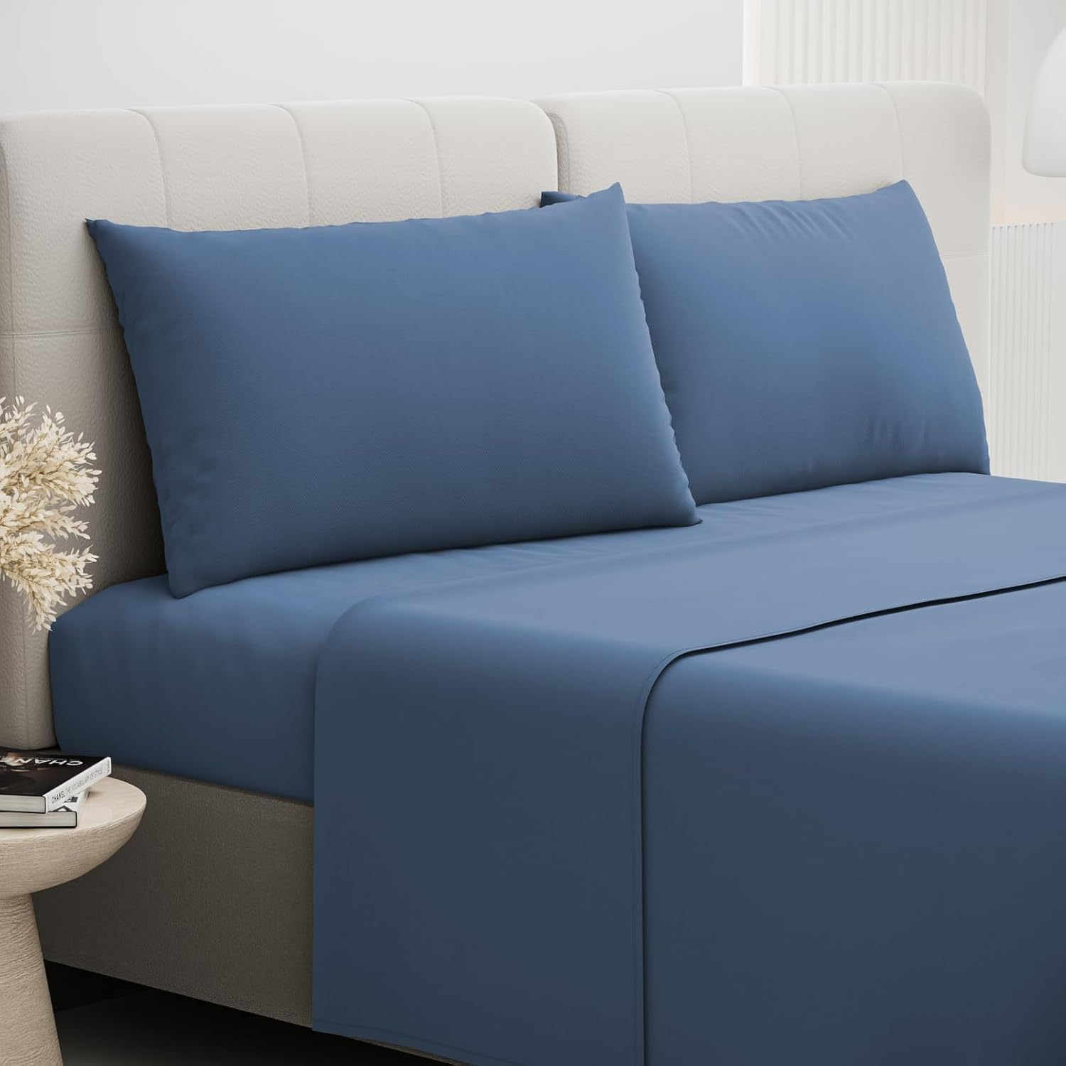 Fitted Sheet Set of 4,Ultra Soft Microfiber Bedding,Extra Deep Fitted Sheet 182X203Cm,2 Pillowcases,1 Flat Sheet,King Size,Blue