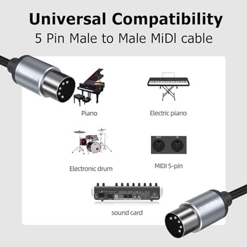 TEKERA MIDI Cable,2-Pack 1M, MIDI Cable Male to Male, Short MIDI Interface, Sturdy 5-Pin Din Connector, Universal Compatibility 5-PIN Metal Plug for Guitars, Electronic Pianos, Electronic Drums image number 5