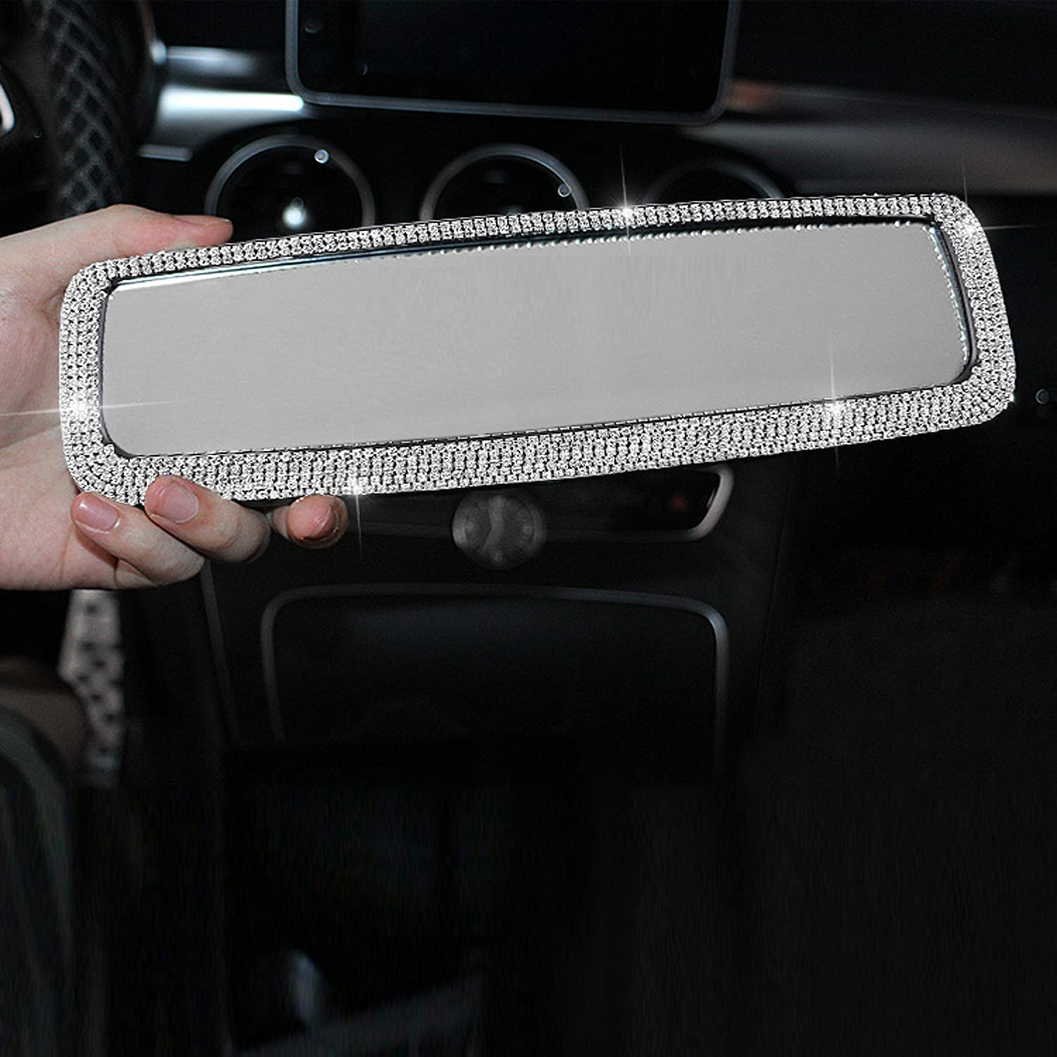 Bling Rhinestone Car Rear View Mirror, Car Rear View Mirror with Crystal Diamonds Bling Rhinestones Car Rear View Mirror for Women,Car Interior Trim. (Sliver) image number 2