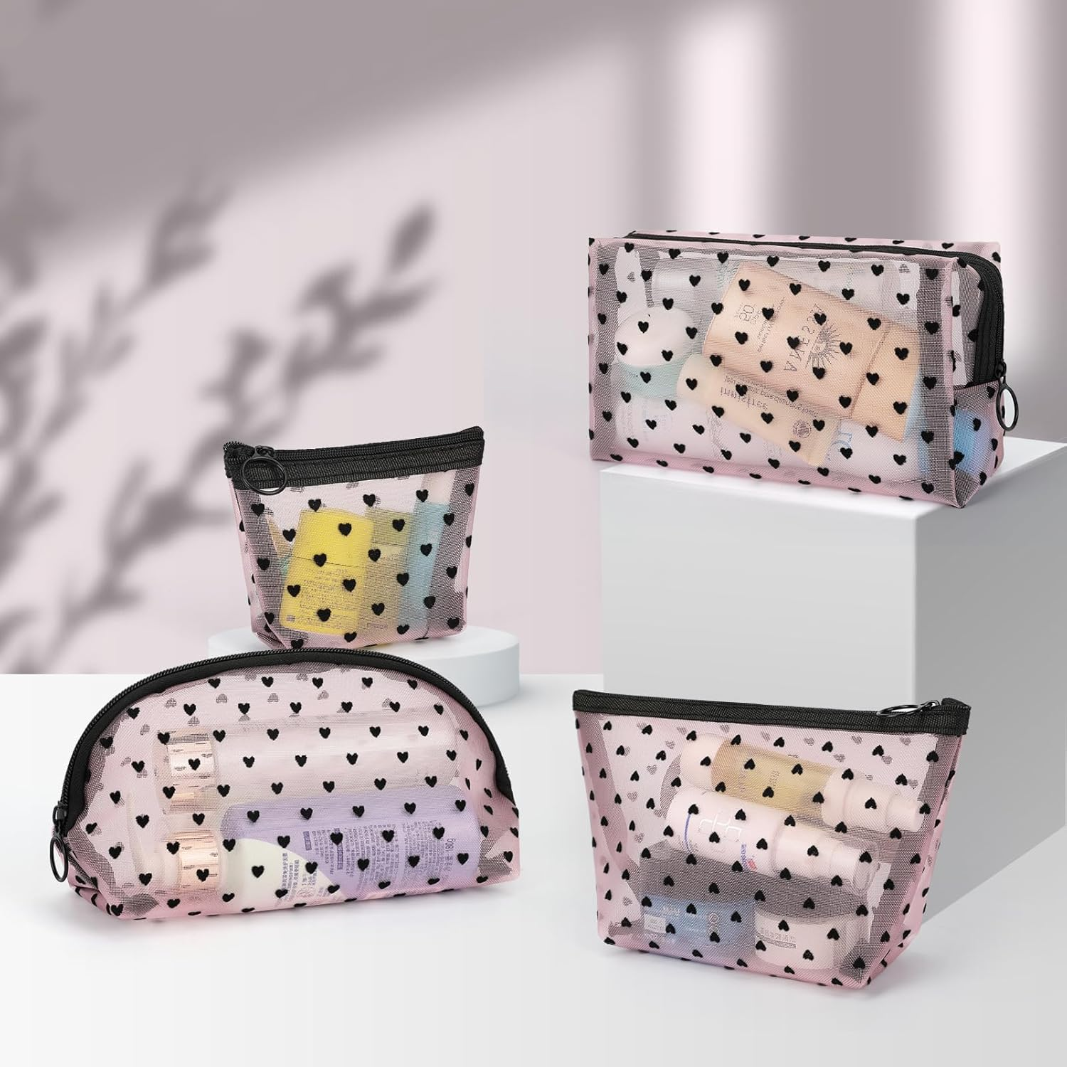FYY 4 PCS Mesh Cosmetic Bag with Zipper, Clear Makeup Bag Set Mesh Zipper Pouch Bags Toiletry Bag for Women Travel Accessories (Multi-Size, Pink) image number 5