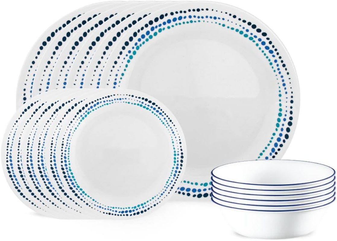 Corelle Solar Print Dinnerware Set, 18-Pieces &ndash; Triple-Layer-Strong Vitrelle Glass Plates and Bowls, Durable, Lightweight, Stackable, Dishwasher, Microwave, Fridge, Freezer and Oven Safe