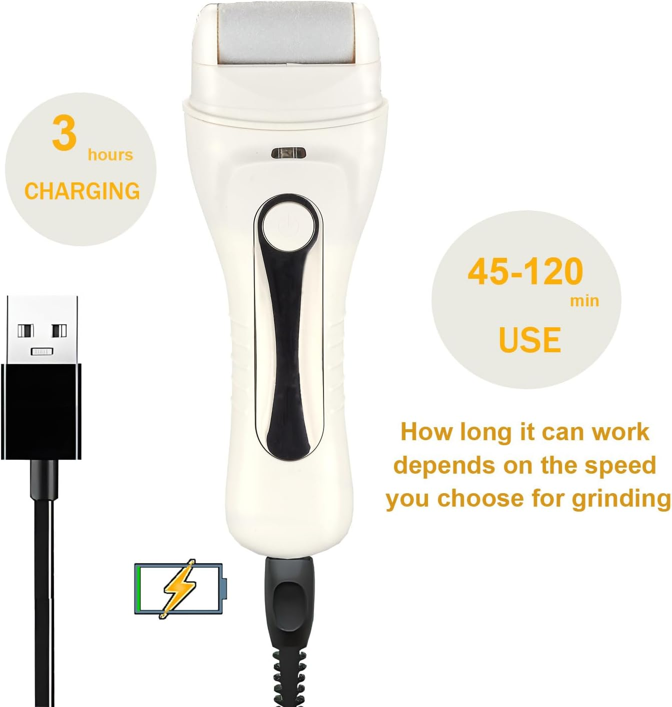 Electric Callus Remover Foot Care Device Pedicure Set Electronic Foot Care Callus File, USB Rechargeable, with 3 Replacement Rollers, Cleaning Brush and Collection Container, White image number 6