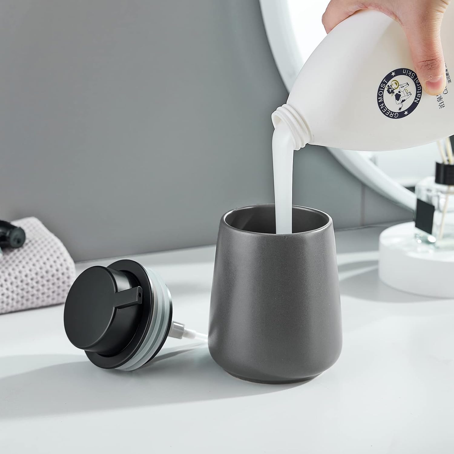 12Oz Grey Foaming Soap Dispenser - Ceramic Foam Hand Soap Dispenser with Easy-To-Press Black Pump, Refillable Bathroom Lotion Soap Dispenser, Dish Soap Dispenser for Kitchen Hand Wash Dispenser image number 5