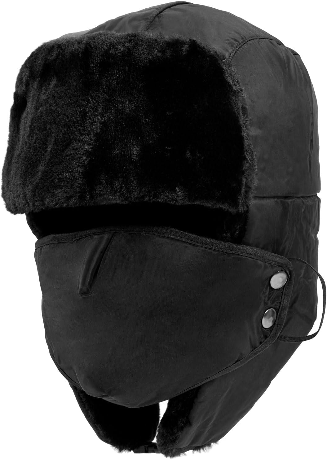 Trapper Hat Unisex Adult, Faux Fur Winter Warmer Windproof Bomber Hat, Russian Hat with Ear Flaps and Mask for Skating, Skiing, Hunting or Daily Use, Winter Hats for Men Women Black image number 3